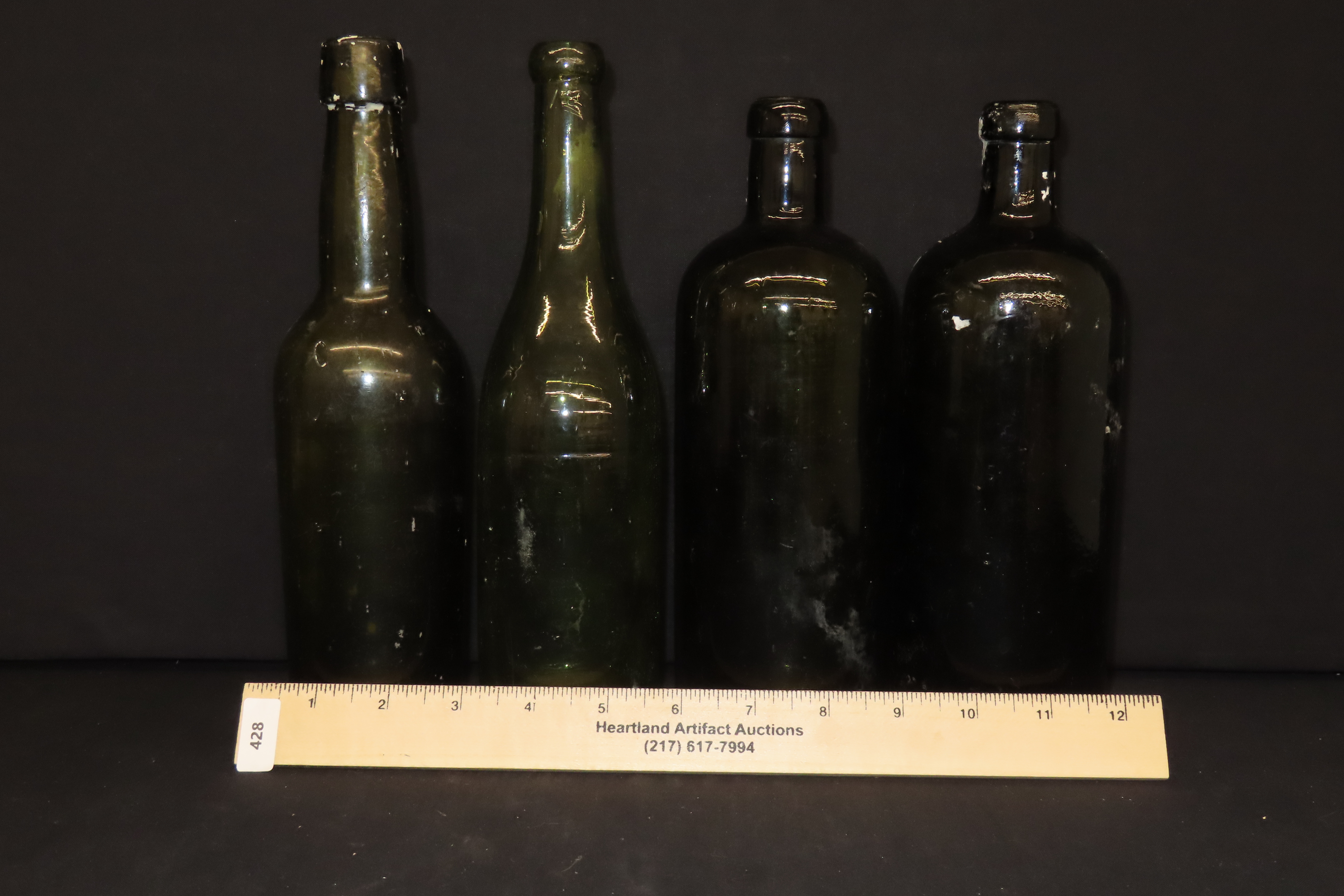 Lot of 4 Dark Green Antique Iron Pontil Bottles, 19th Century