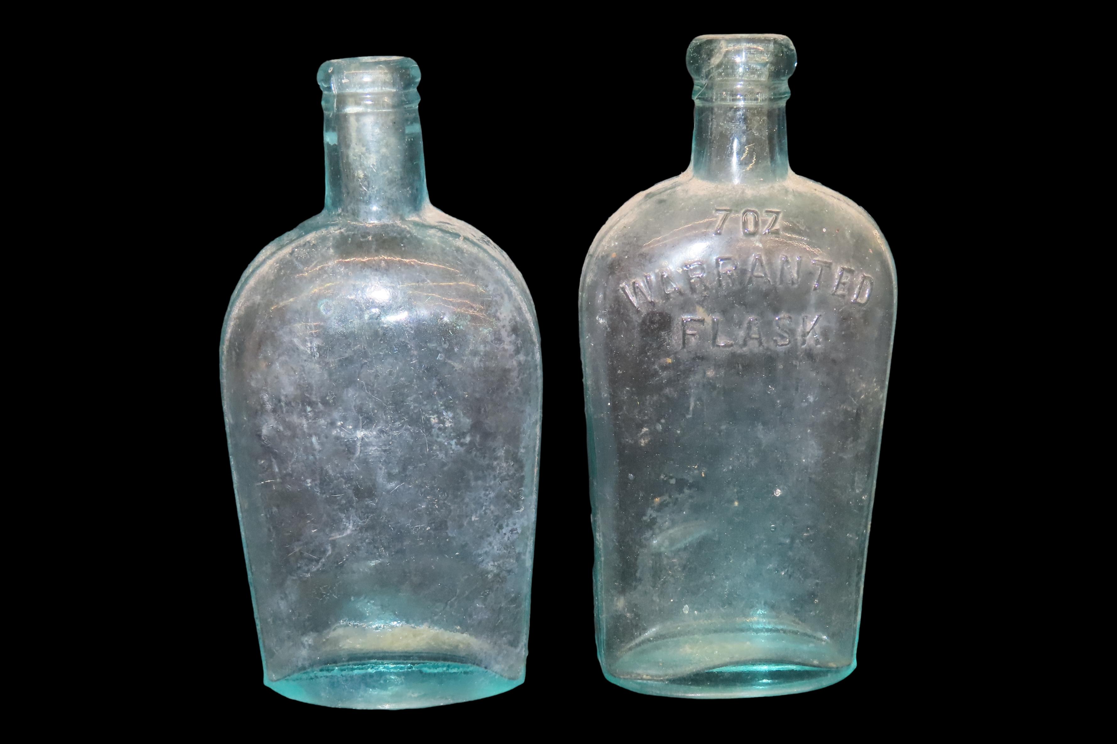 Lot of 2 Antique Molded Bottles, Including 1 Embossed “Warranted" Flask