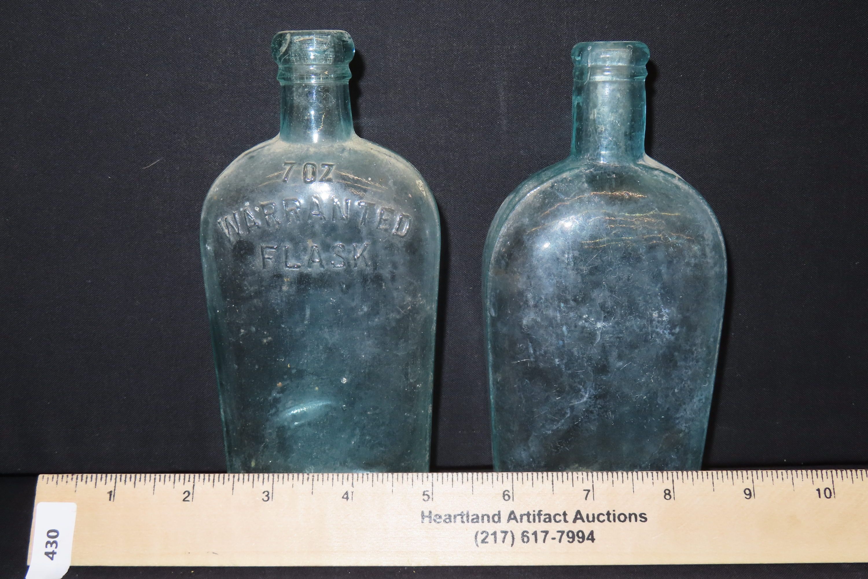 Lot of 2 Antique Molded Bottles, Including 1 Embossed “Warranted" Flask