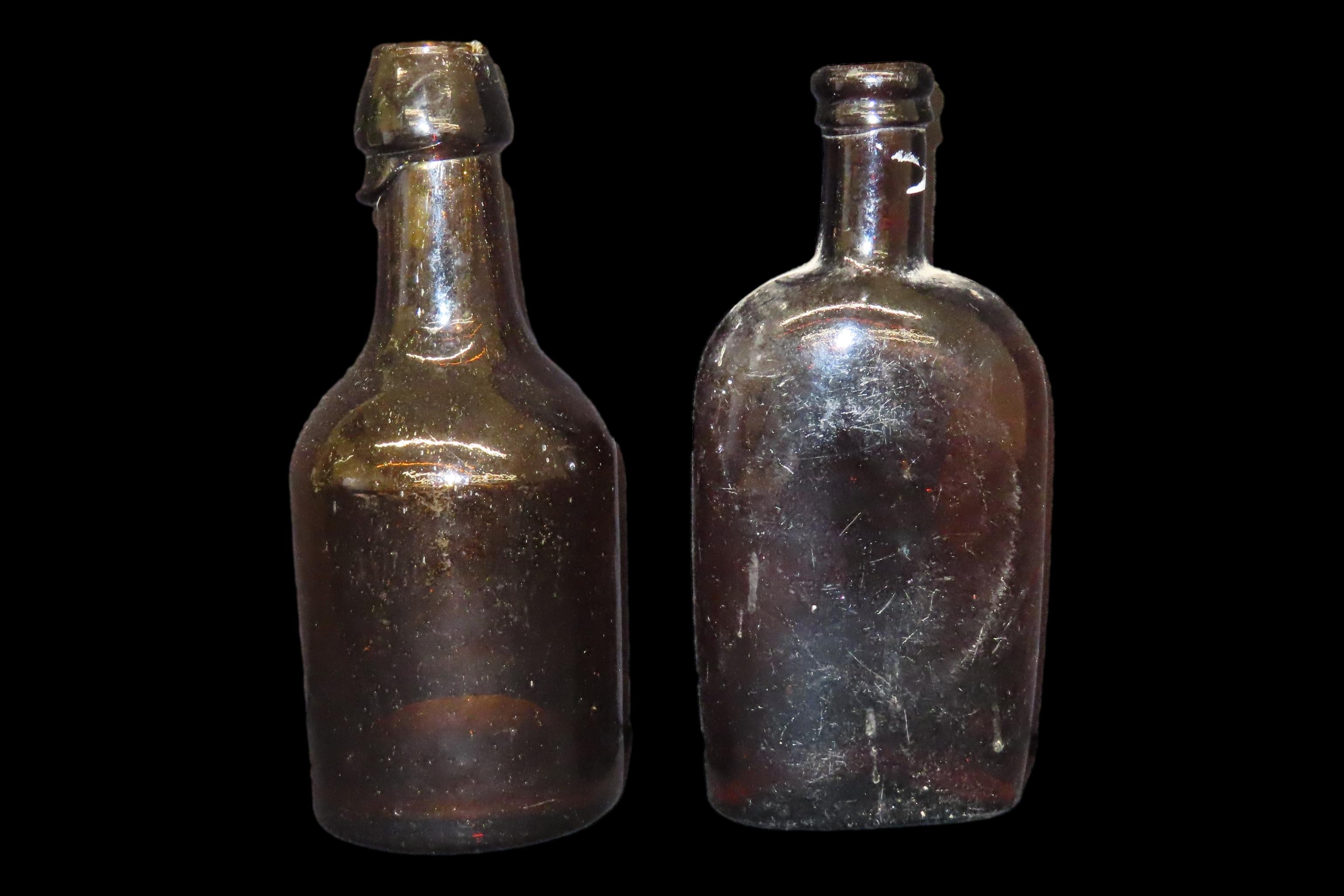 Lot of 2 Antique Brown Bottles, 1 Blown Iron Pontil Bottle and 1 Molded Iron Pontil Bottle, 1800s