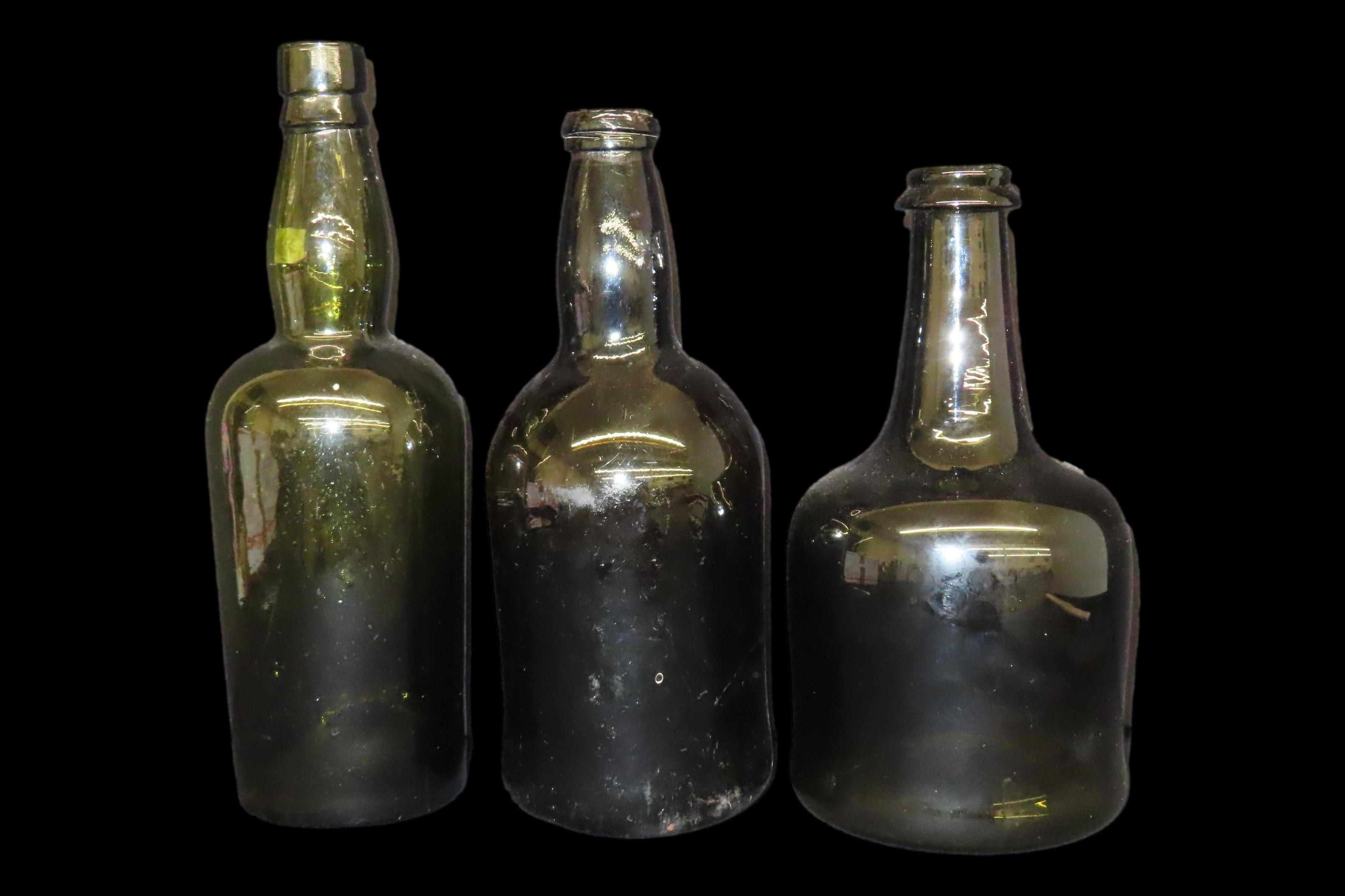 Lot of 3 Antique Iron Pontil Bottles, Including 1 Dutch Bottle with Applied Lip