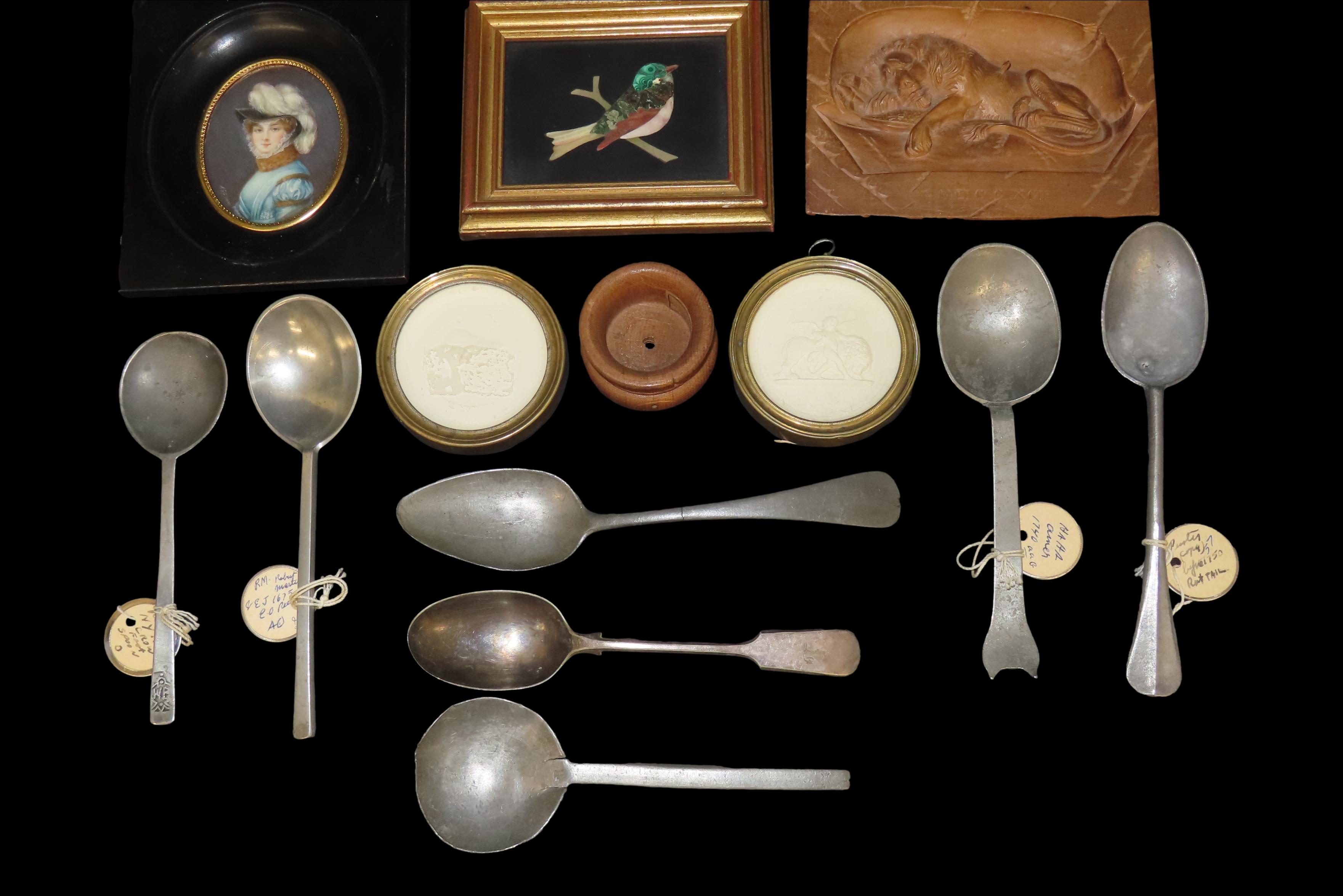 Lot of Early 1800s and 1900s Miscellaneous Silverware, Pictures, and Medallion