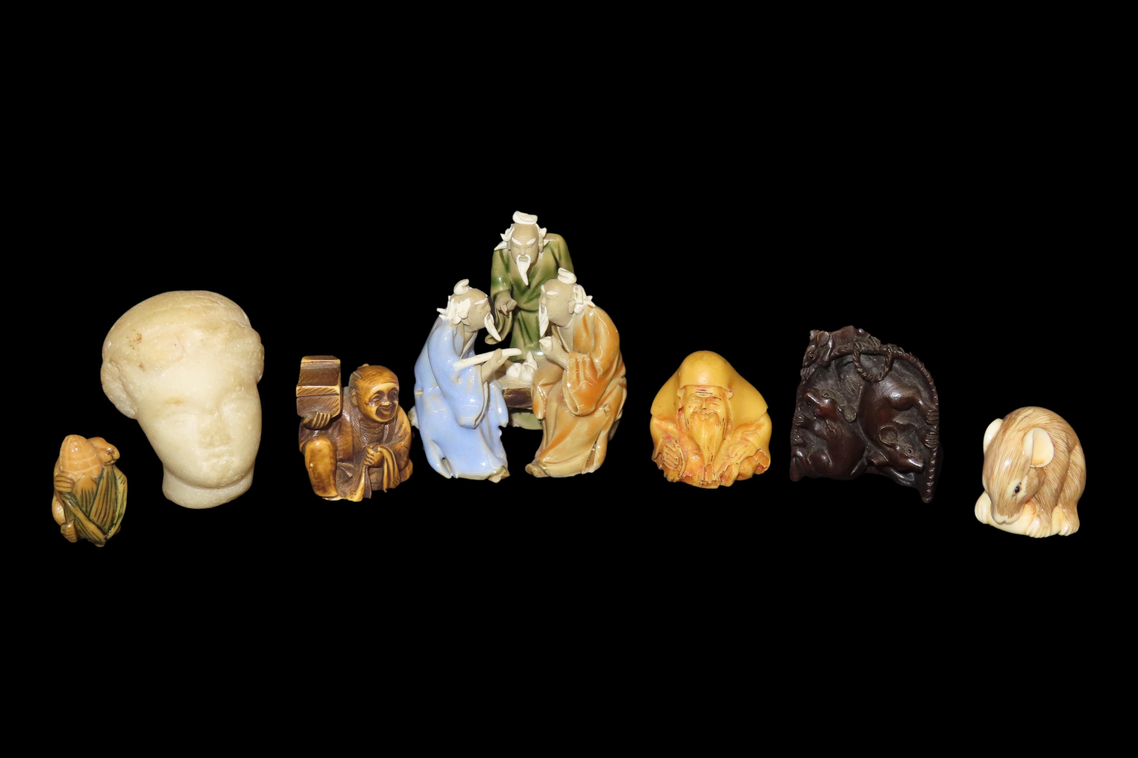 Lot of 4 Oriental Netsukes, 2 Oriental Figures, and 1 Ancient Roman Marble Head