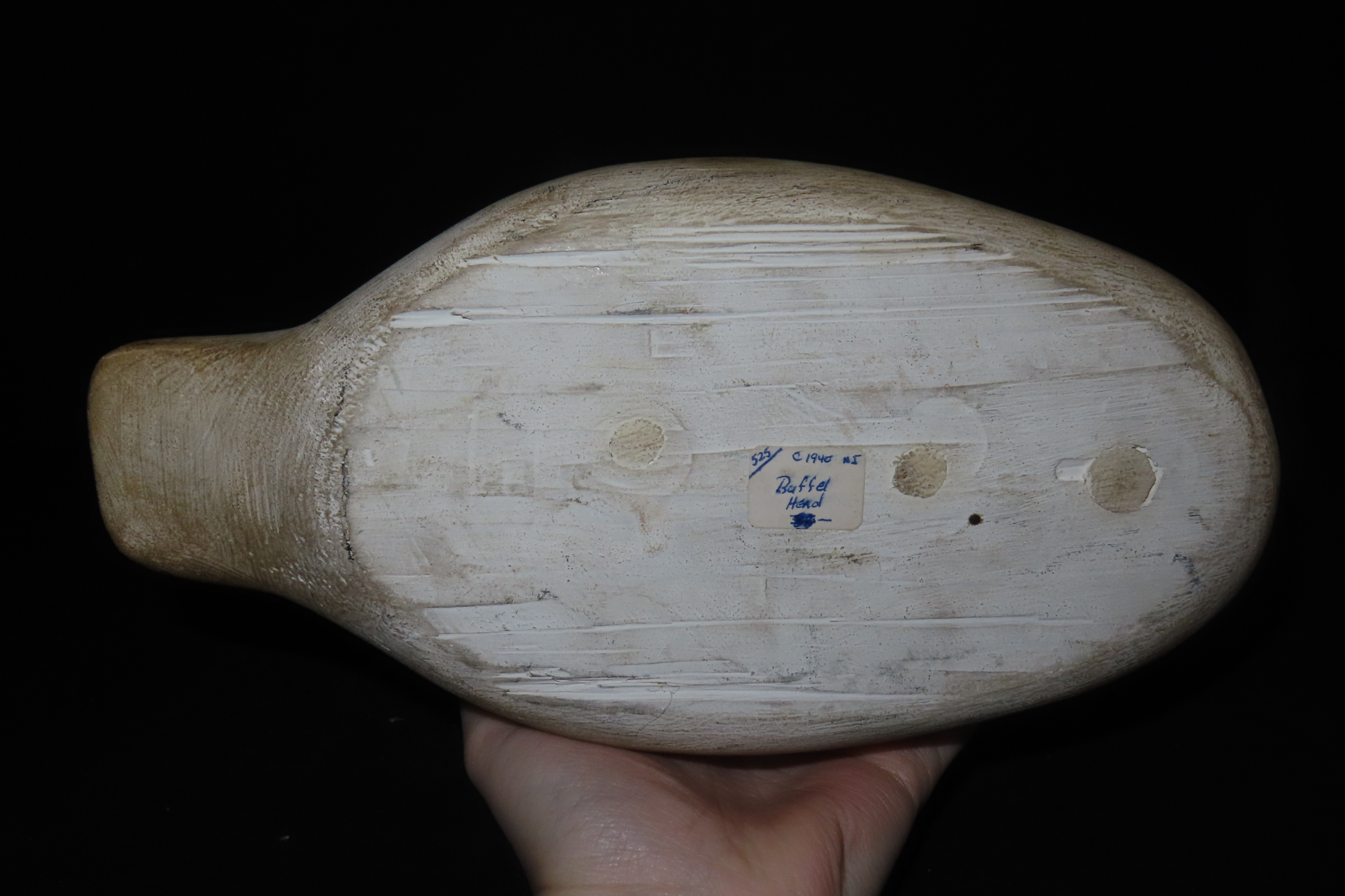 6 1/2" x 11 1/4" Bufflehead Duck Decoy, Carved by A. Rhodes, History on Accompanying Card