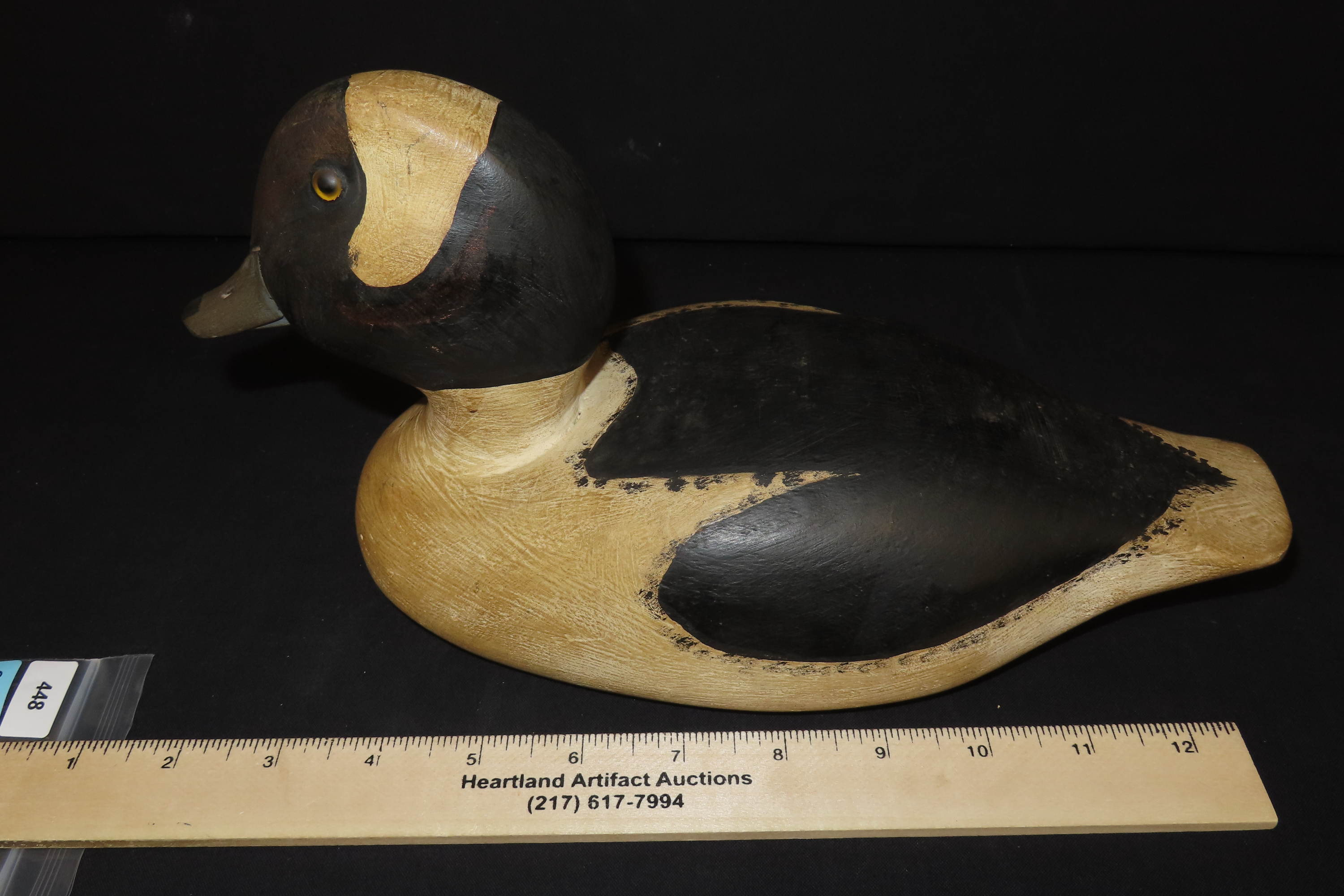 6 1/2" x 11 1/4" Bufflehead Duck Decoy, Carved by A. Rhodes, History on Accompanying Card
