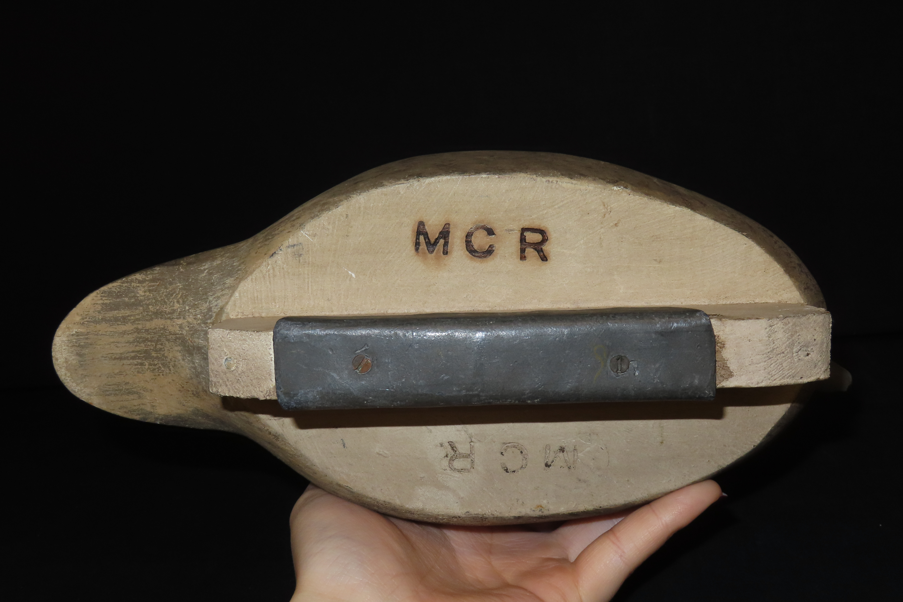 11 1/2" x 6 1/4" Antique Wooden Duck Decoy, Marked M.C.R.