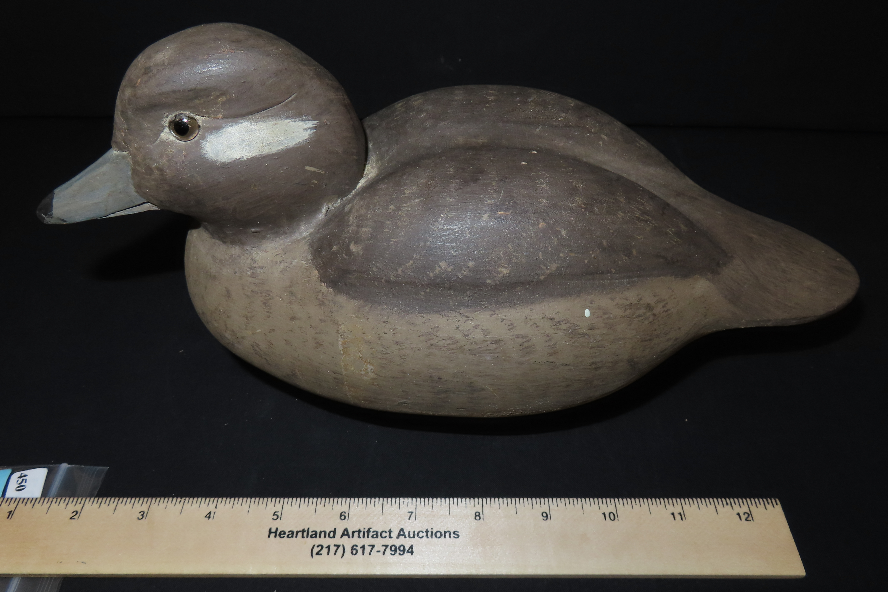 11 1/2" x 6 1/4" Antique Wooden Duck Decoy, Marked M.C.R.