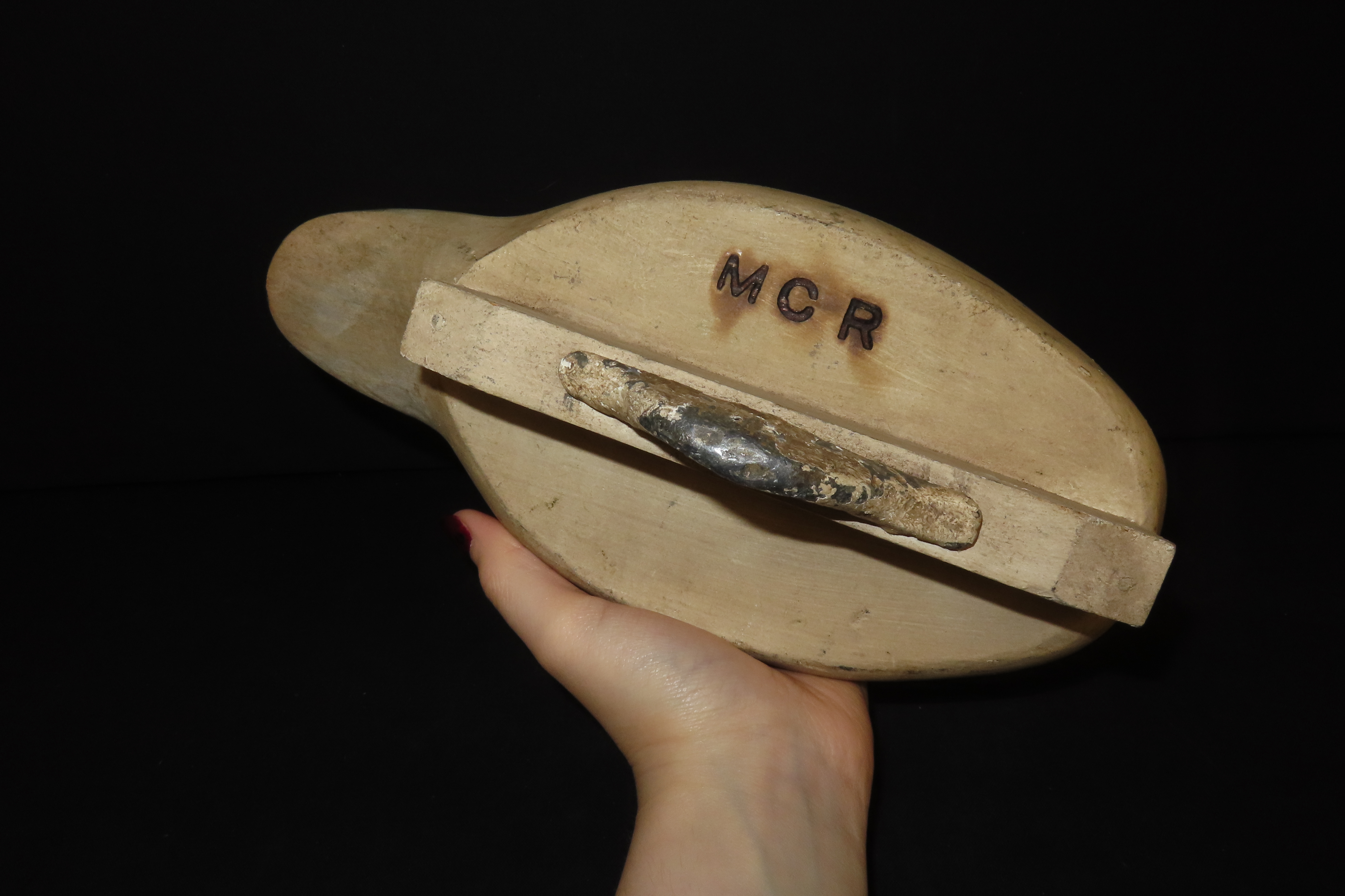 10 1/2" x 6 1/2" Antique Wooden Duck Decoy, Marked M.C.R.