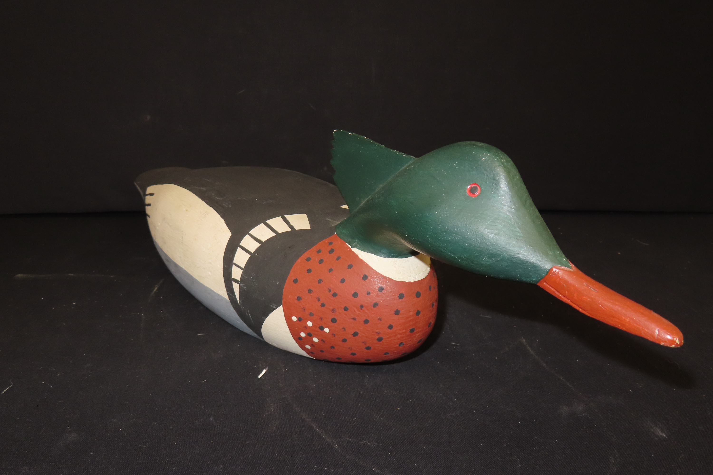 18 1/4" x 5 1/4" Antique Painted Duck Decoy, F.J. Dobbins, Jonesport, Maine