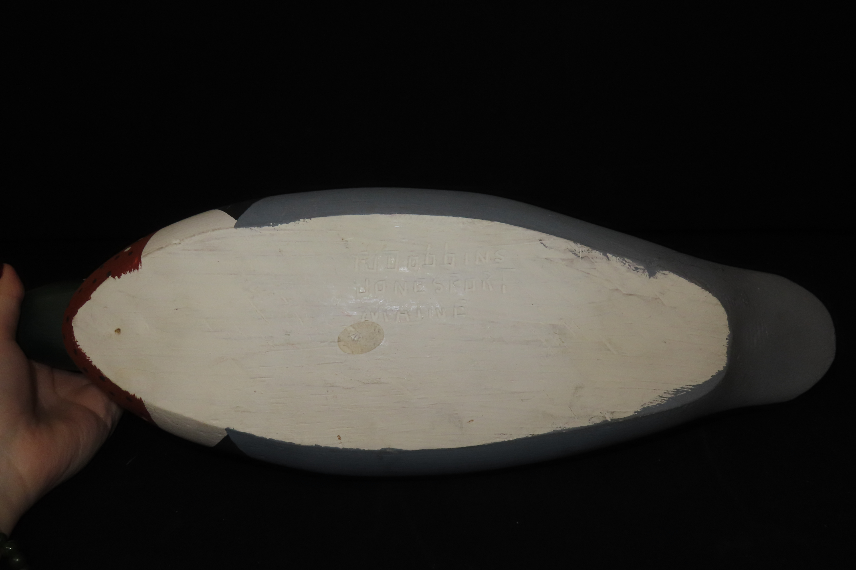 18 1/4" x 5 1/4" Antique Painted Duck Decoy, F.J. Dobbins, Jonesport, Maine