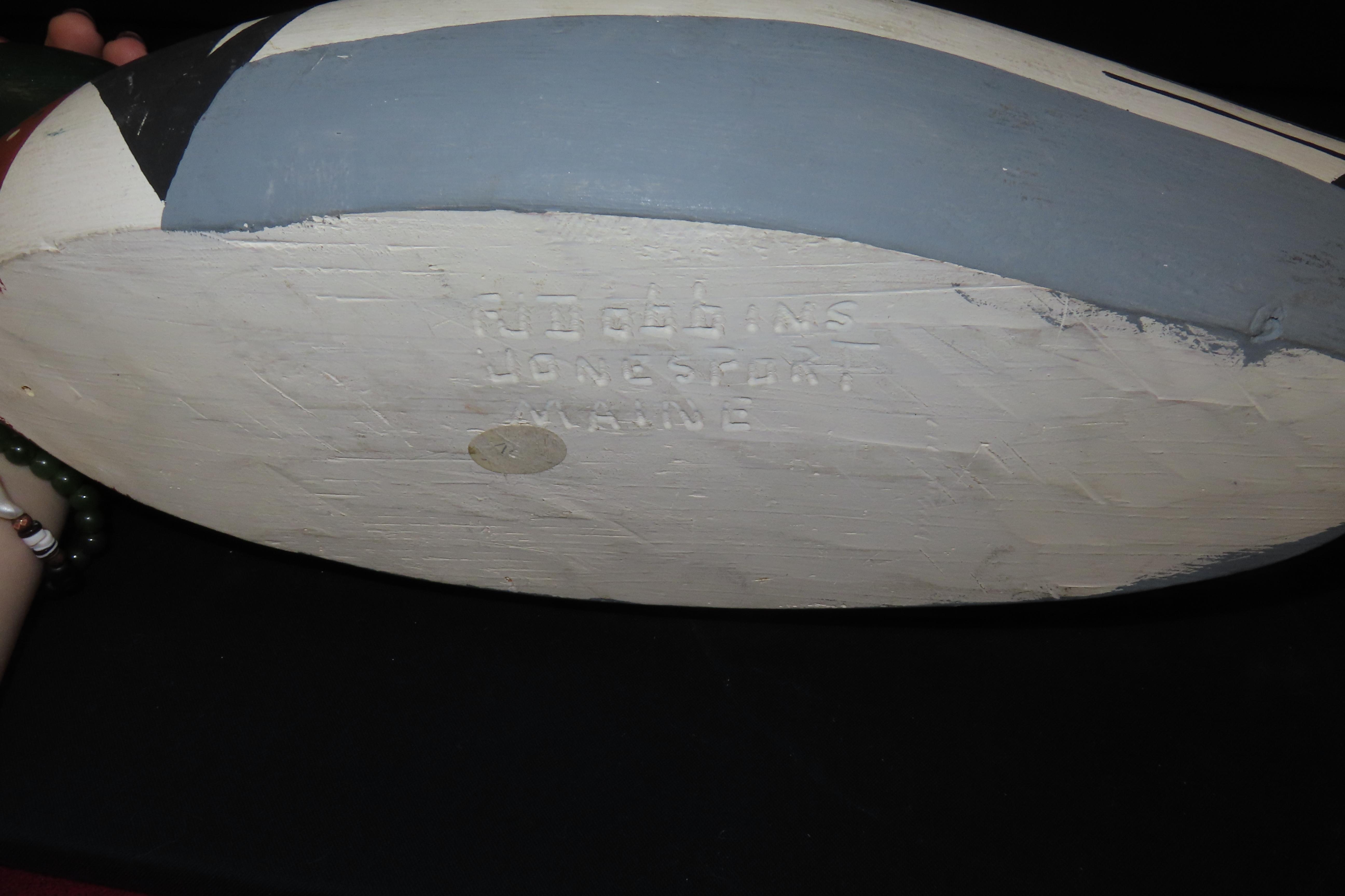 18 1/4" x 5 1/4" Antique Painted Duck Decoy, F.J. Dobbins, Jonesport, Maine
