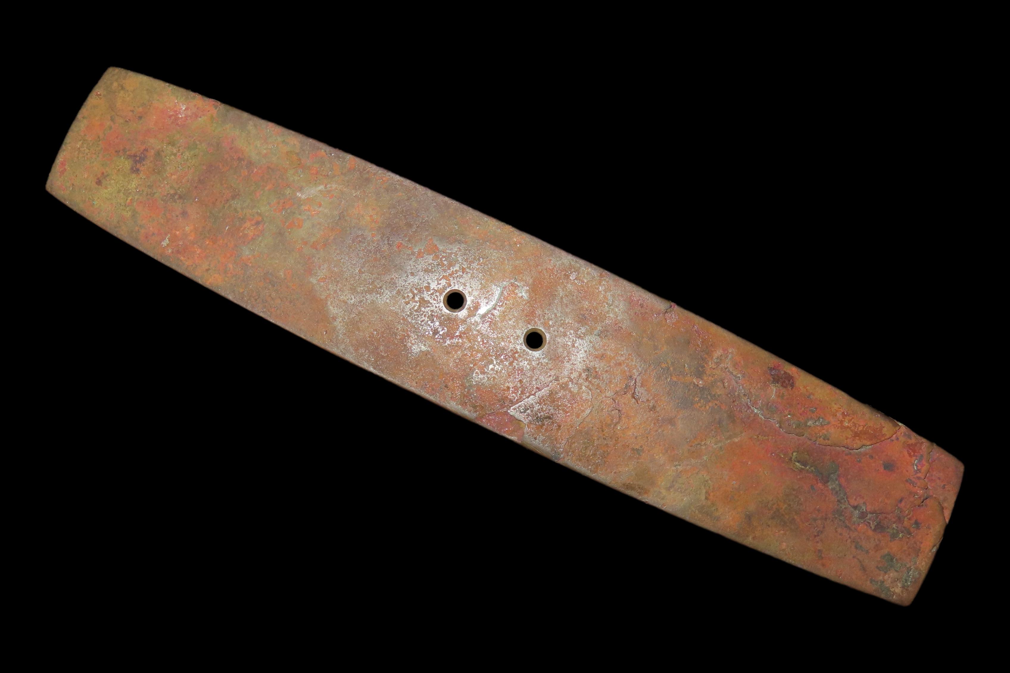 Rare 5 7/8" Hopewell Copper Gorget, Licking Co., OHIO. Motley COA. Ex Gilbert Dilley Collection. Incredibly rare artifact, great patina. Sho