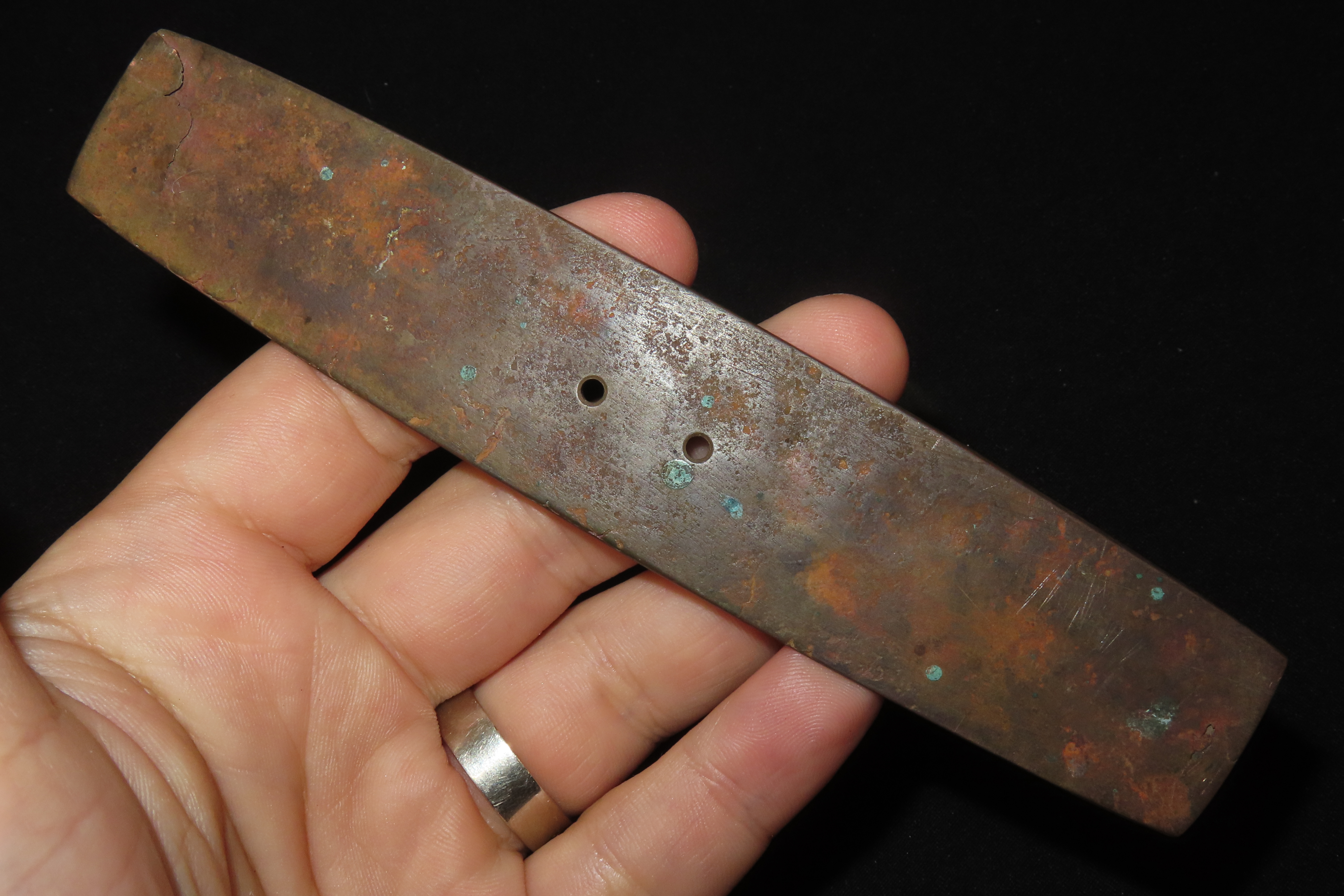 Rare 5 7/8" Hopewell Copper Gorget, Licking Co., OHIO. Motley COA. Ex Gilbert Dilley Collection. Incredibly rare artifact, great patina. Sho