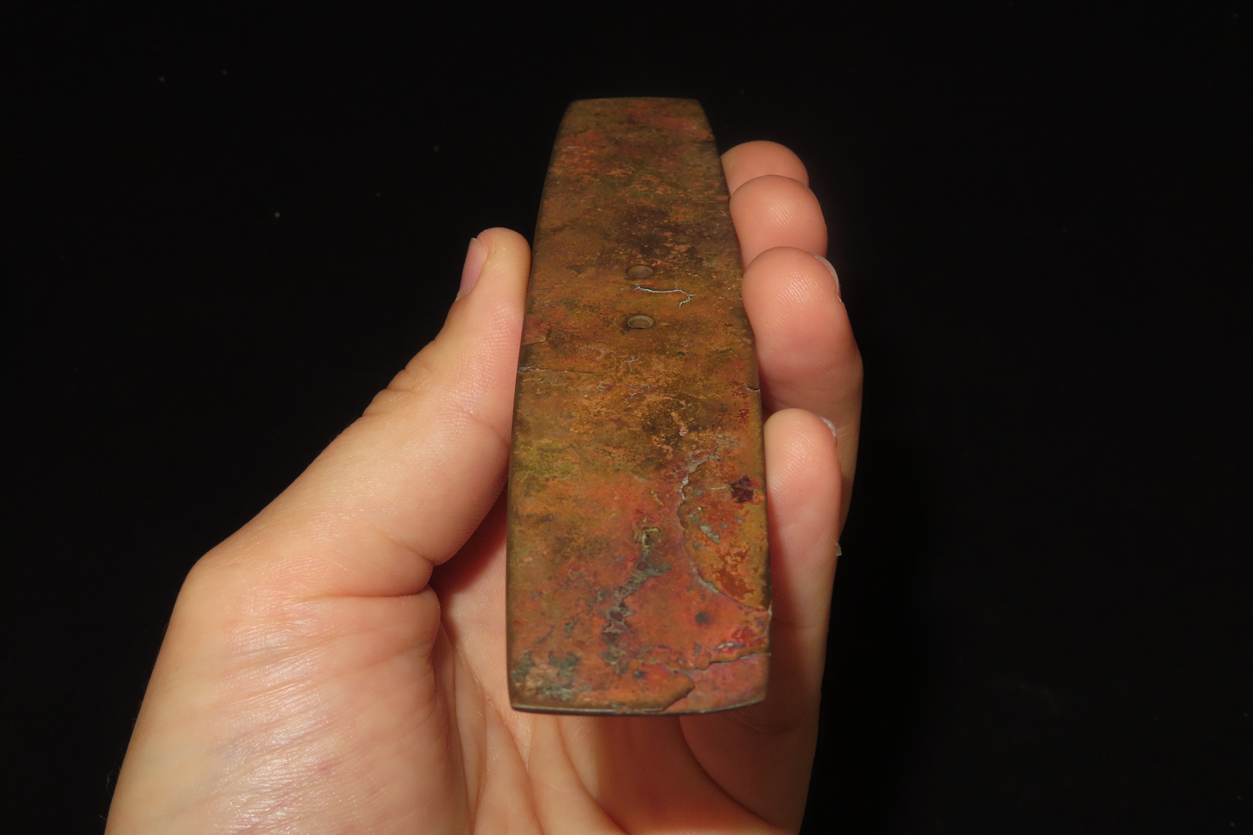 Rare 5 7/8" Hopewell Copper Gorget, Licking Co., OHIO. Motley COA. Ex Gilbert Dilley Collection. Incredibly rare artifact, great patina. Sho