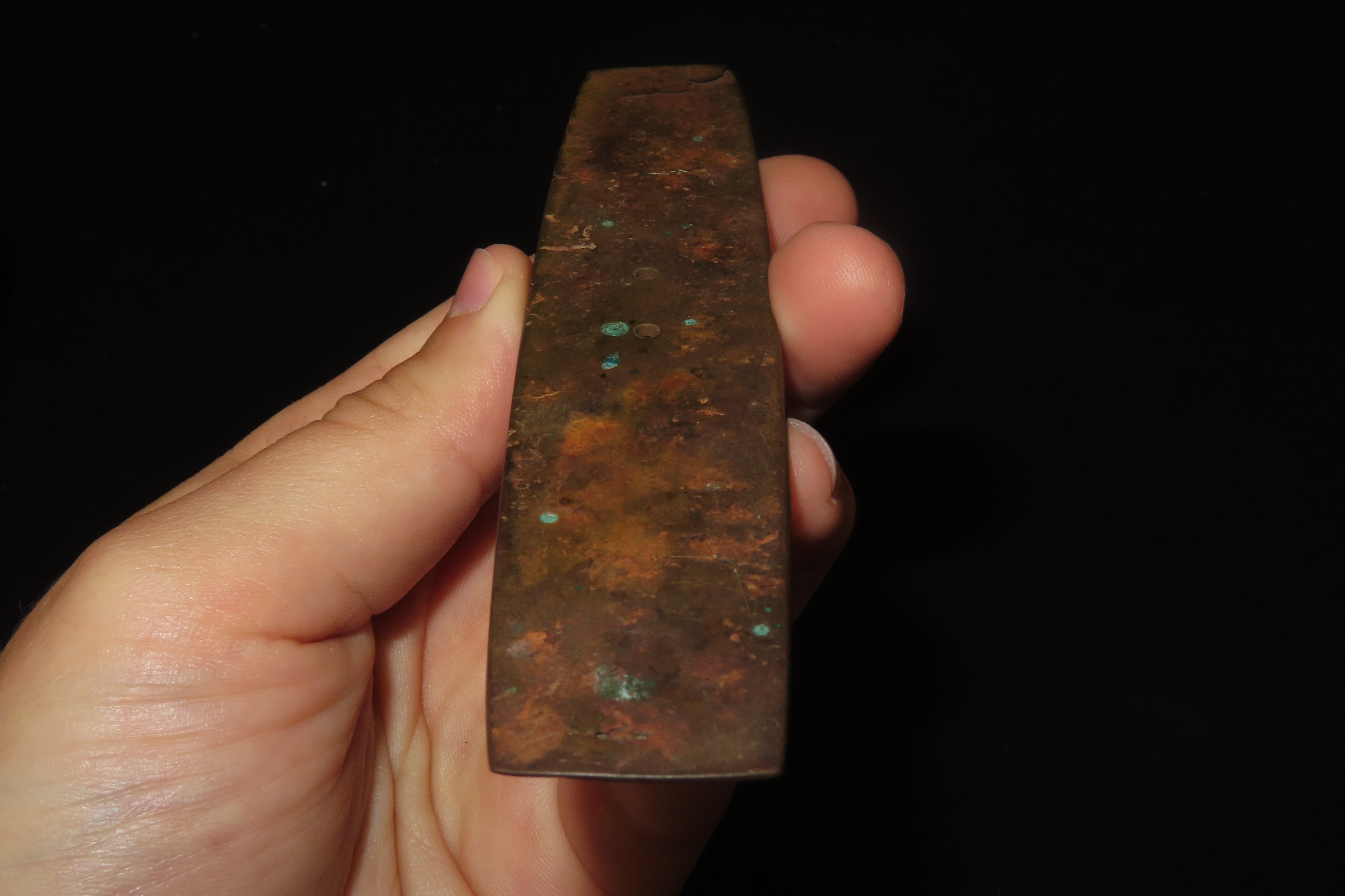 Rare 5 7/8" Hopewell Copper Gorget, Licking Co., OHIO. Motley COA. Ex Gilbert Dilley Collection. Incredibly rare artifact, great patina. Sho