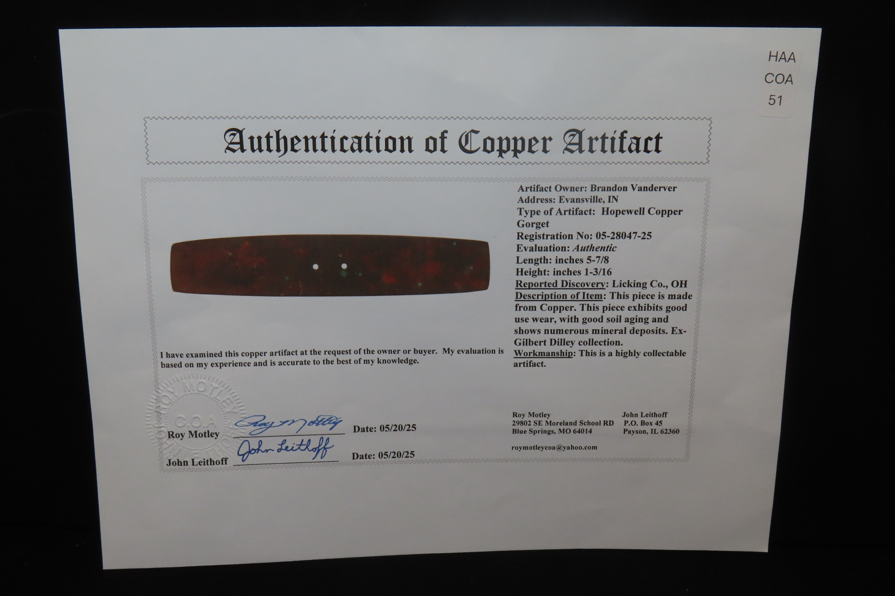 Rare 5 7/8" Hopewell Copper Gorget, Licking Co., OHIO. Motley COA. Ex Gilbert Dilley Collection. Incredibly rare artifact, great patina. Sho