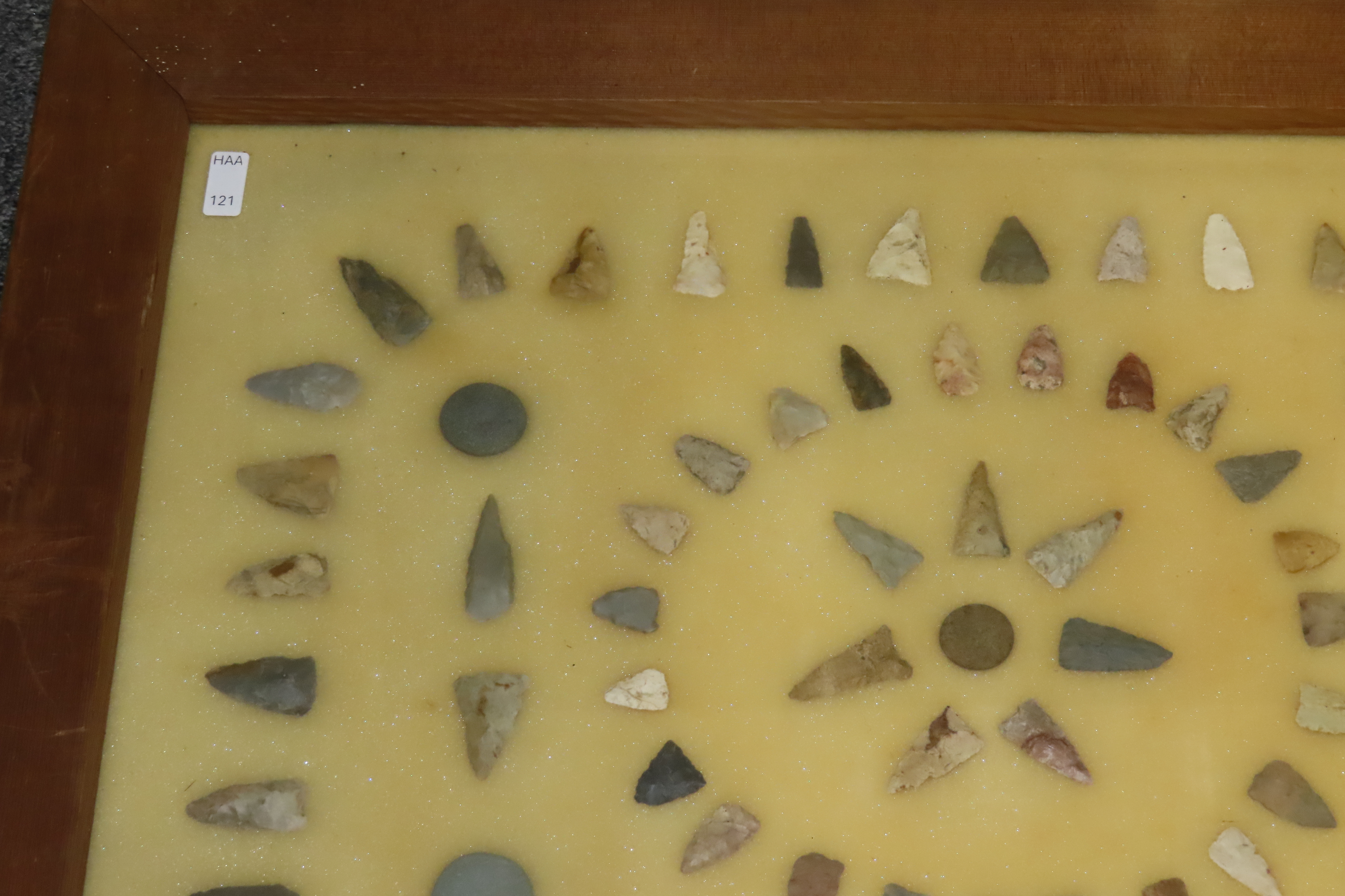 24" x 18" Frame full of Arrowheads found in Wayne & Hardin County Tennessee by Boyd Cole. Indian Artifact Collection, Knife, Blade, Spear.