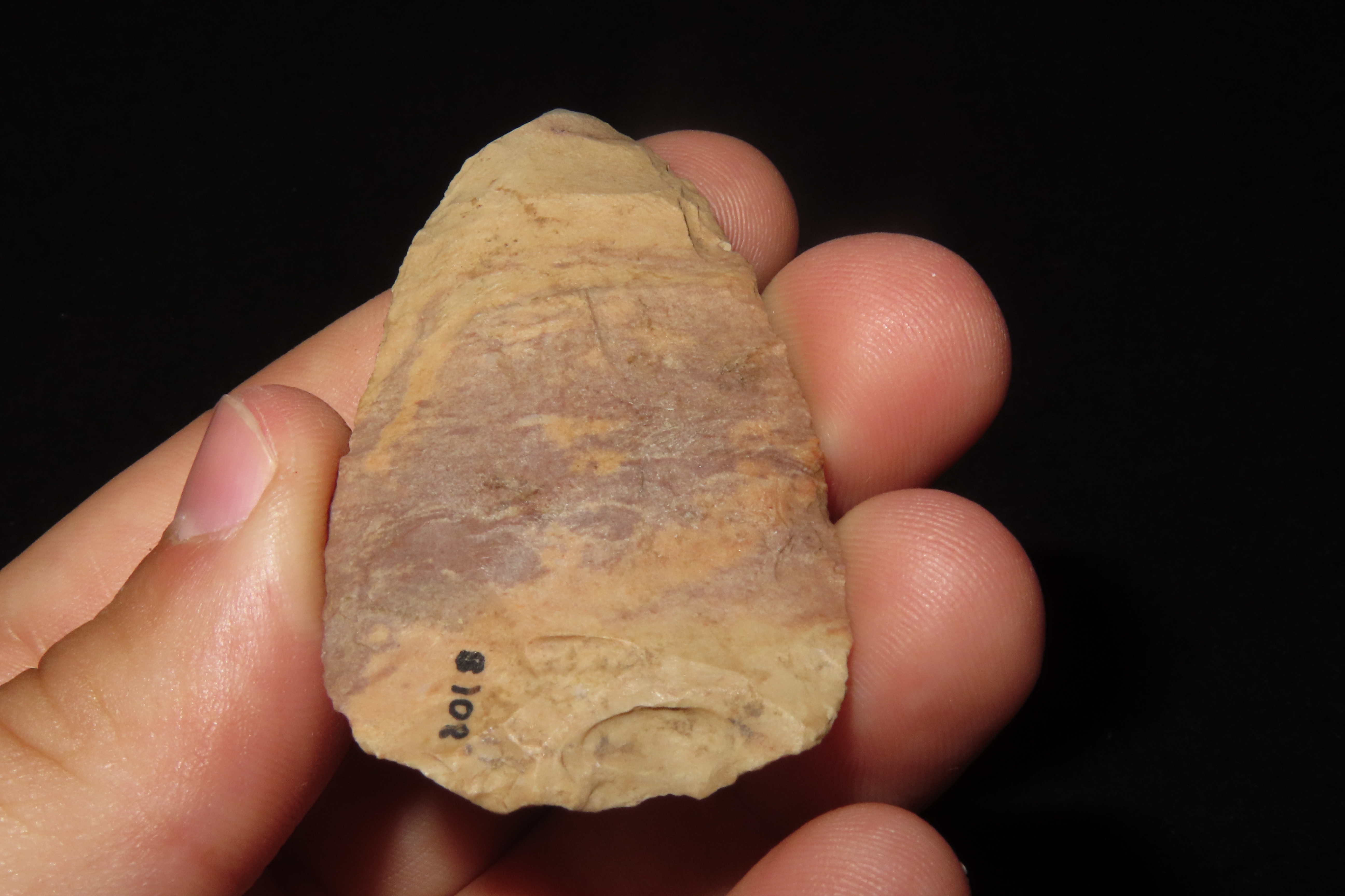 Colorful 2 1/2" Florida Cowhouse Slough Ovoid Blade found in Pasco County, FL. Ex Brian Boles Collection. Deep South Arrowhead.
