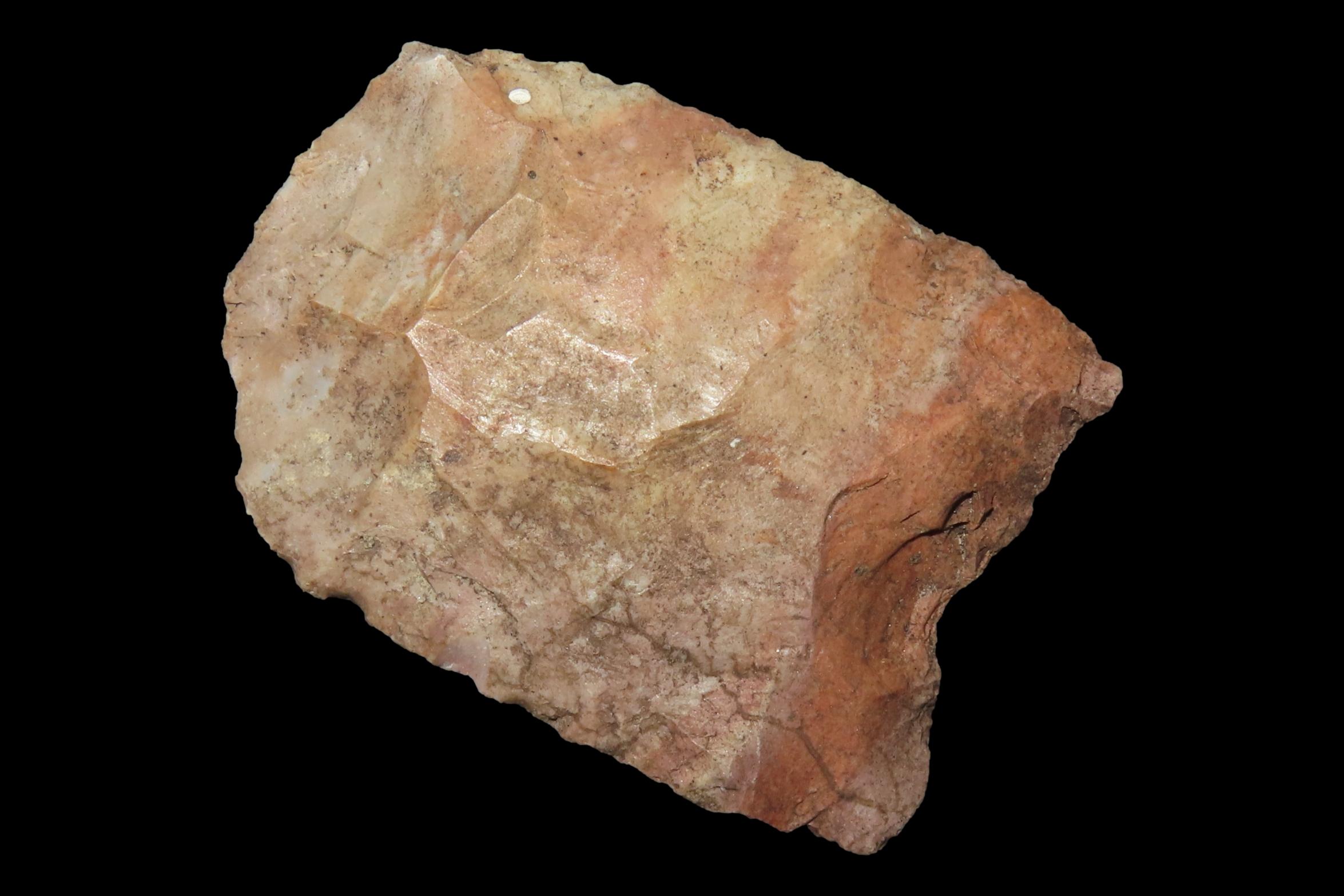 2 1/16" Paleo Clovis Knife / Hafted Scraper found in Henderson Co., Tennessee. Heavily Patinated example.