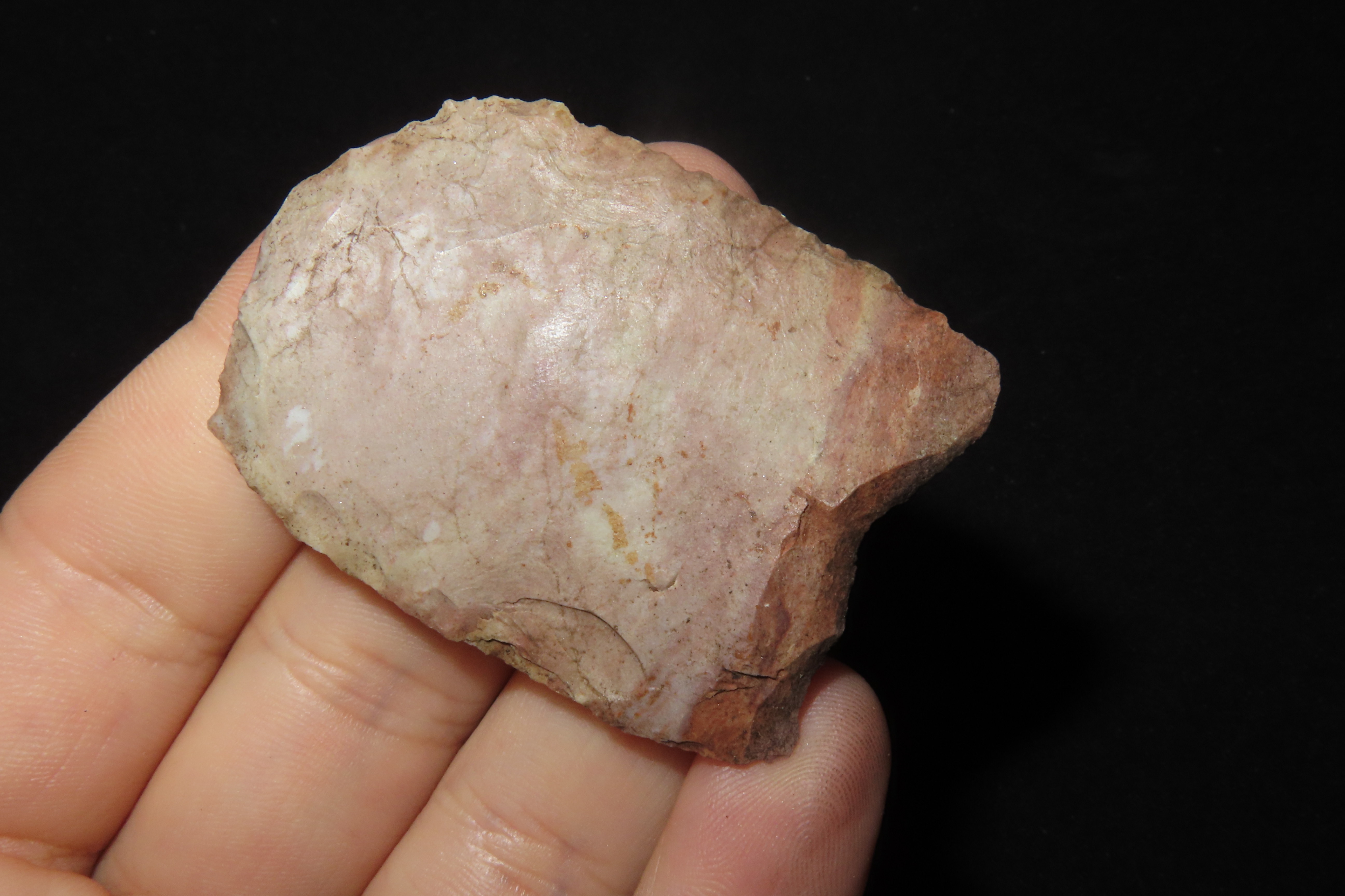 2 1/16" Paleo Clovis Knife / Hafted Scraper found in Henderson Co., Tennessee. Heavily Patinated example.