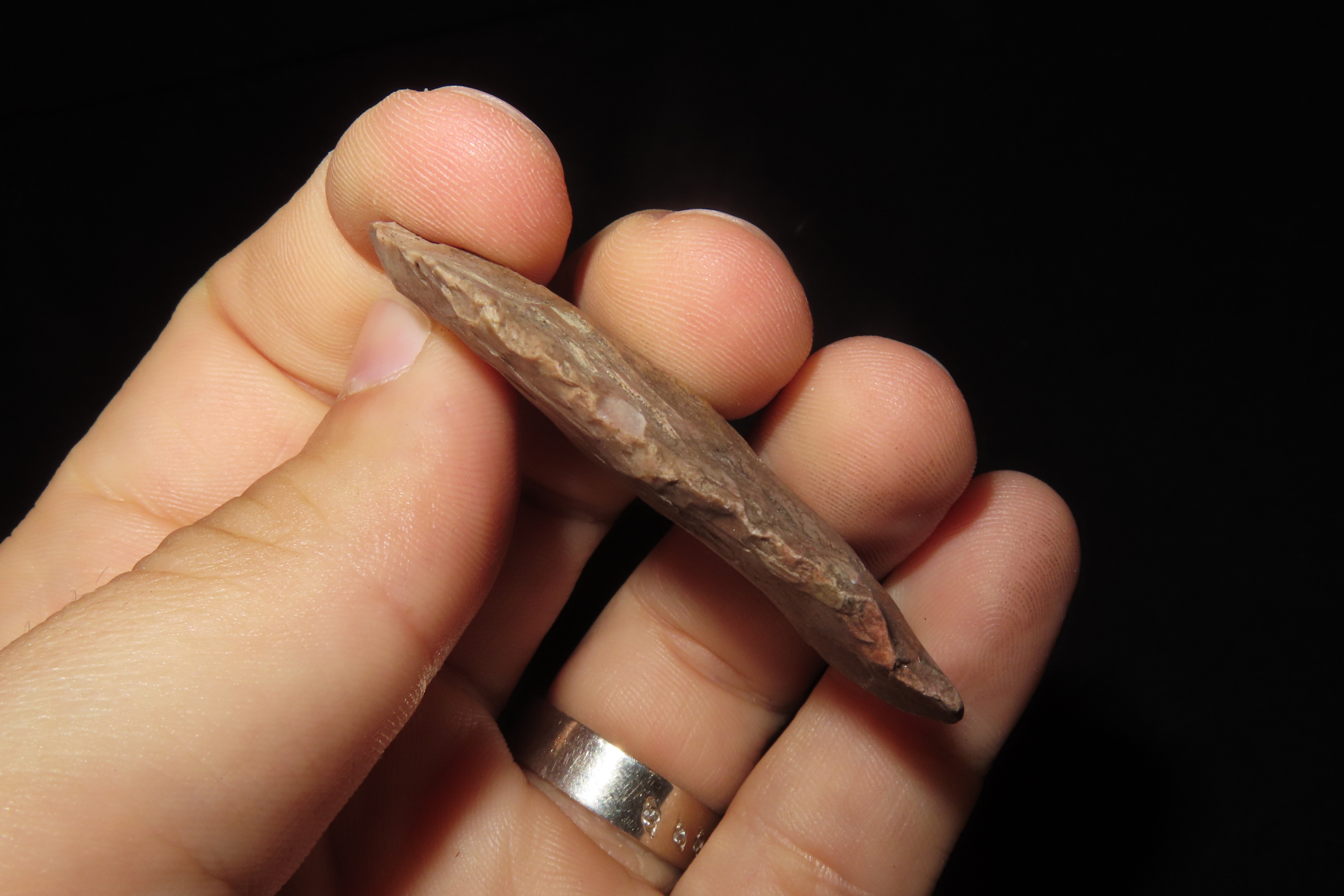 2 1/16" Paleo Clovis Knife / Hafted Scraper found in Henderson Co., Tennessee. Heavily Patinated example.