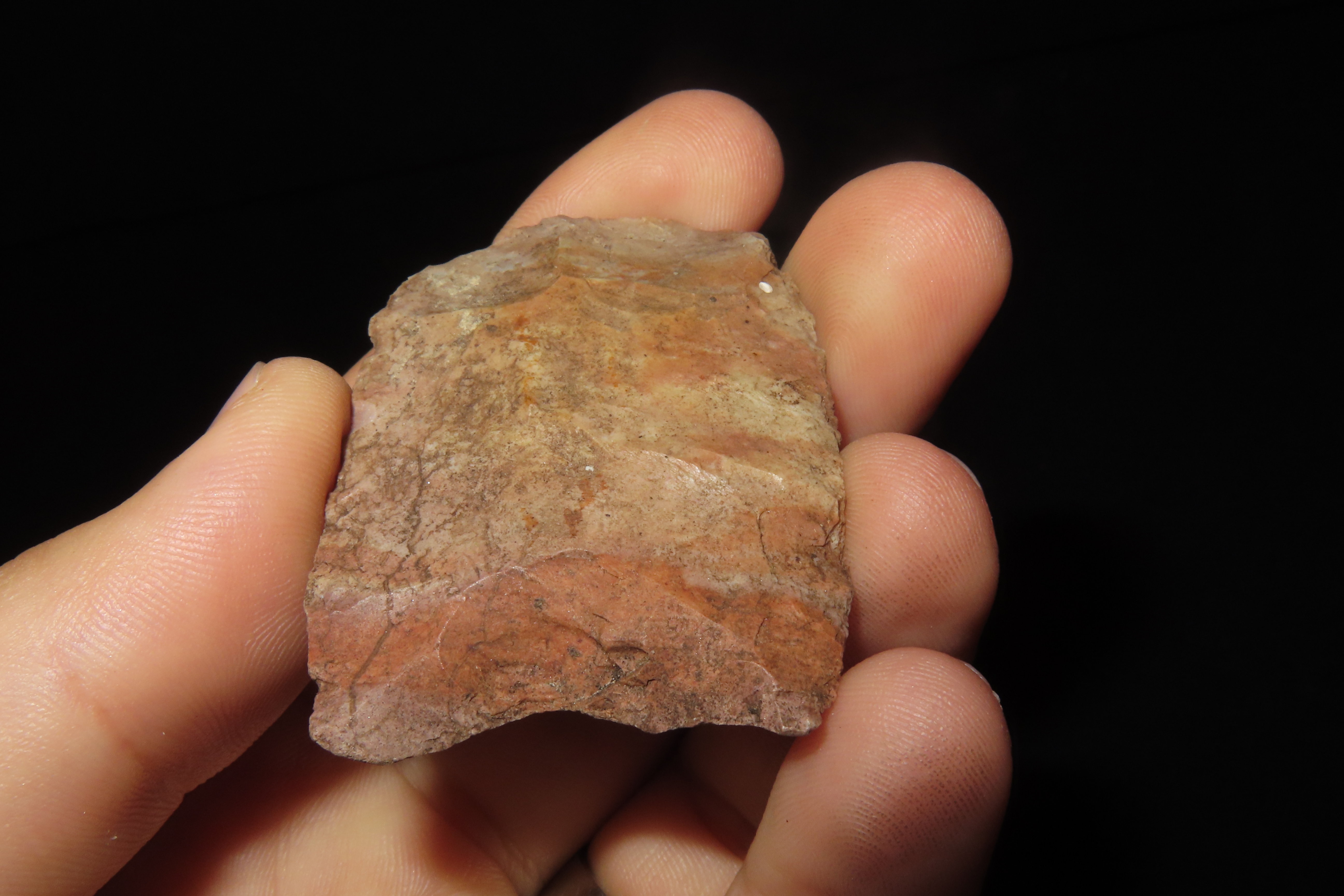 2 1/16" Paleo Clovis Knife / Hafted Scraper found in Henderson Co., Tennessee. Heavily Patinated example.