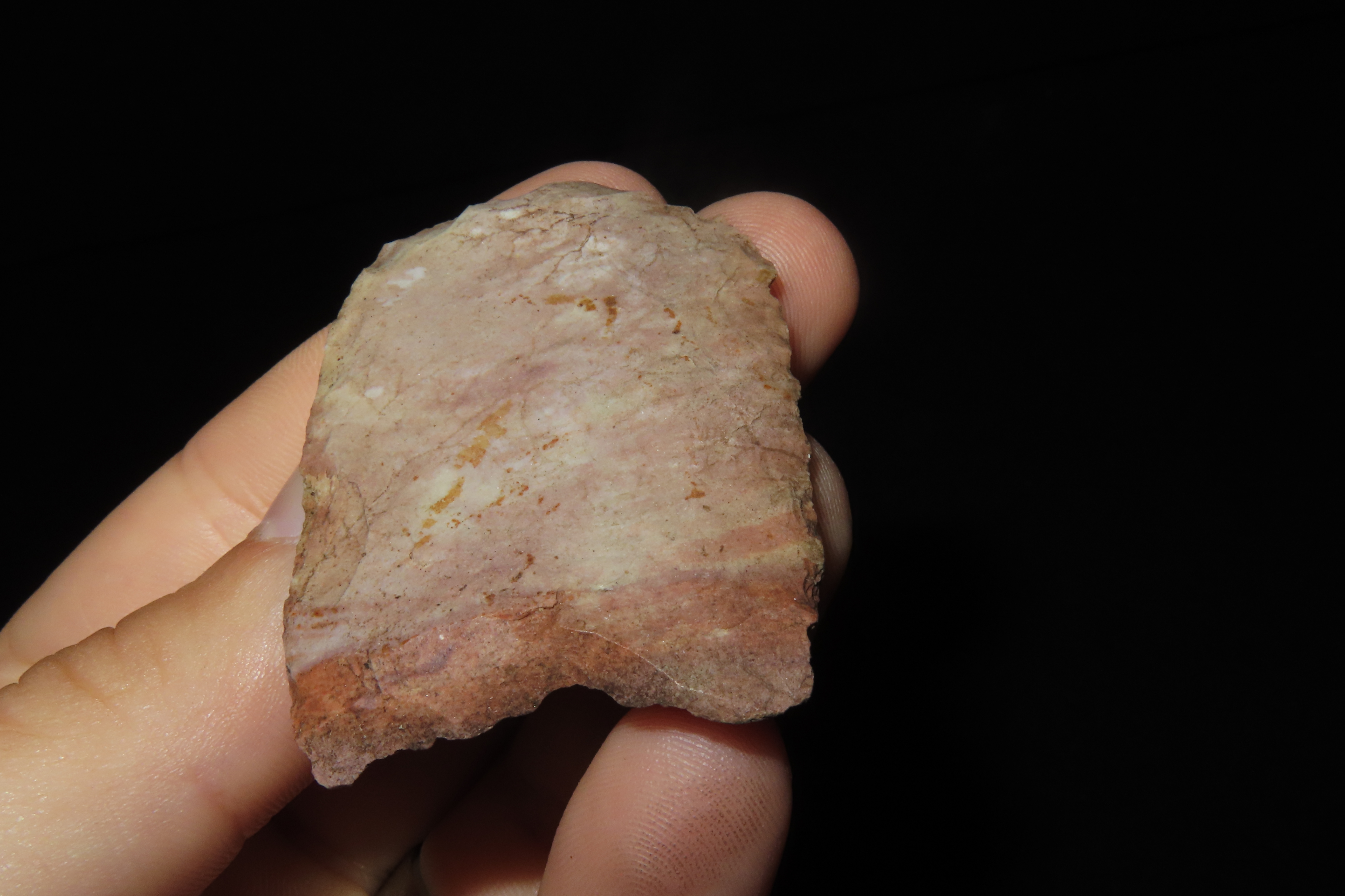 2 1/16" Paleo Clovis Knife / Hafted Scraper found in Henderson Co., Tennessee. Heavily Patinated example.
