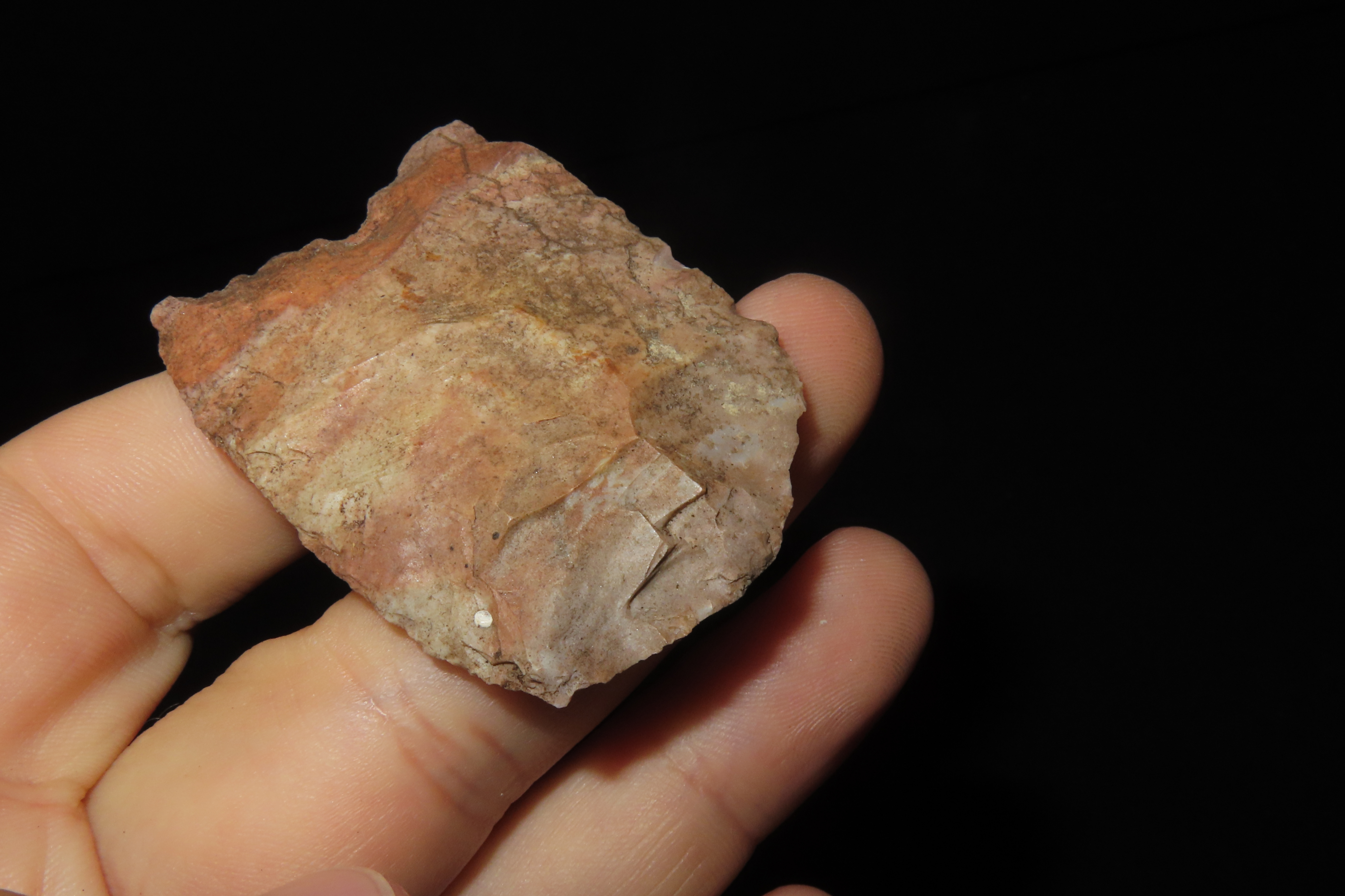 2 1/16" Paleo Clovis Knife / Hafted Scraper found in Henderson Co., Tennessee. Heavily Patinated example.