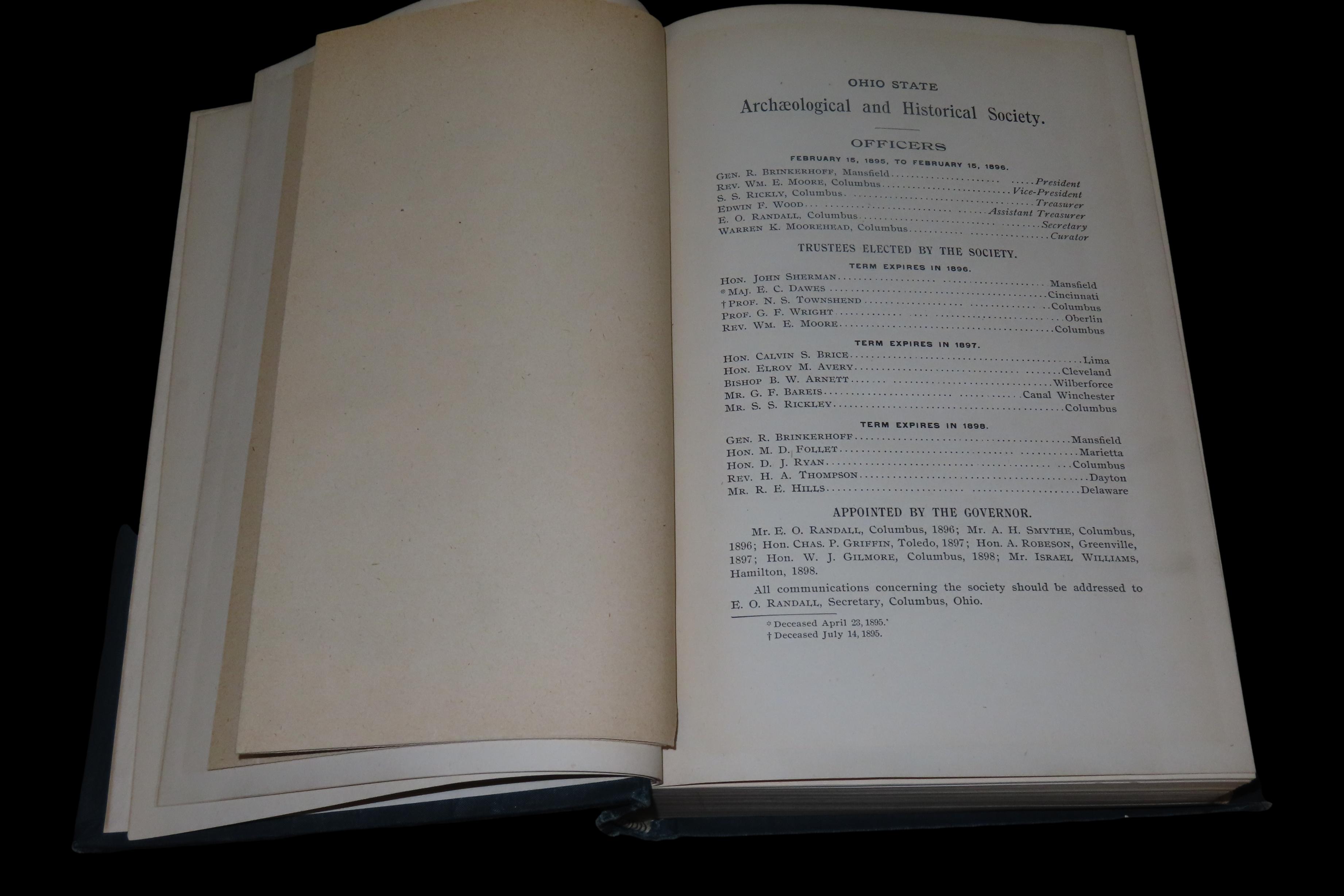 1895 FIRST EDITION HARDBACK; OHIO ARCHAEOLOGICAL AND HISTORICAL SOCIETY PUBLICATIONS VOLUME 4, 481 PAGES.