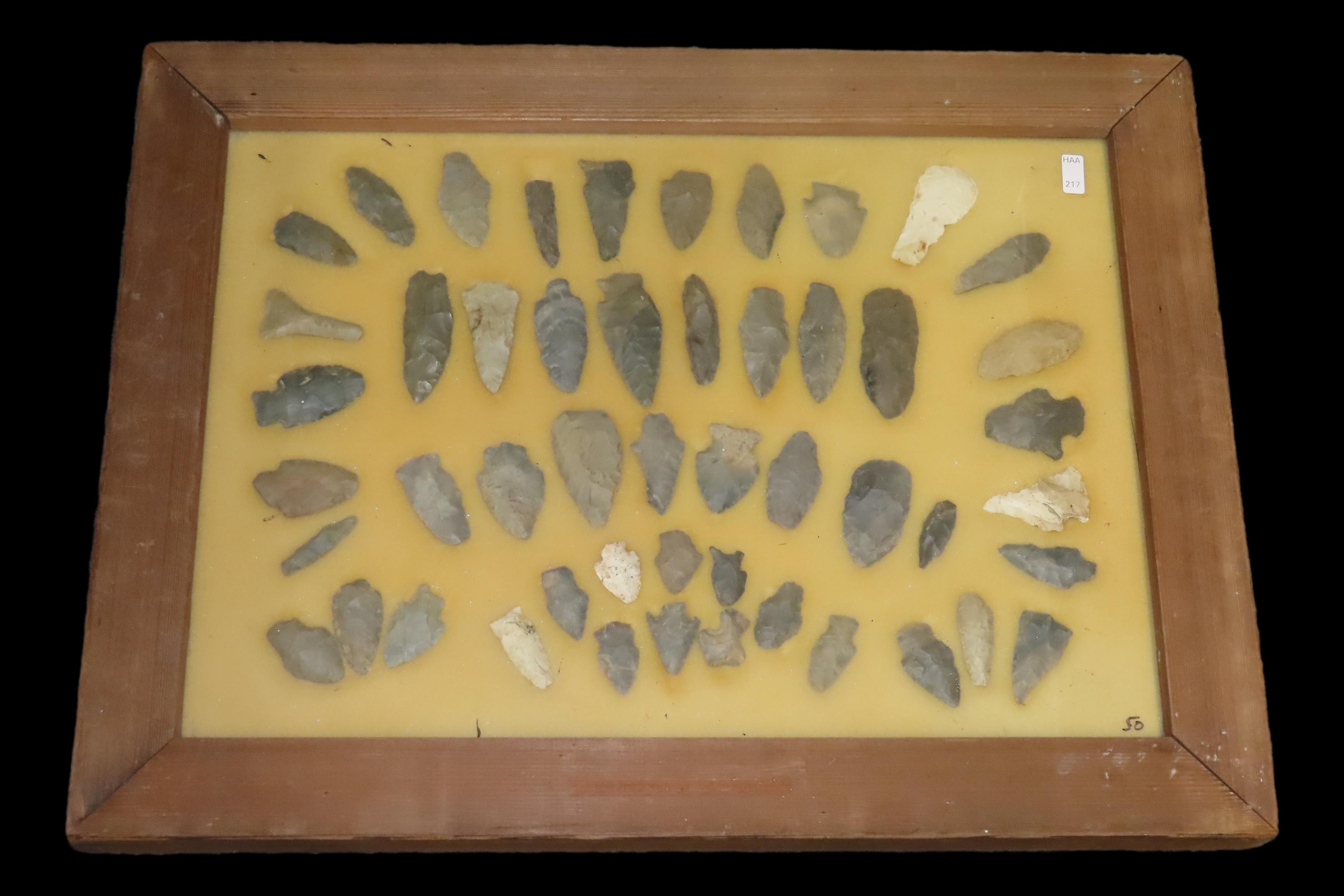 24" x 18" Frame full of Arrowheads found in Wayne & Hardin County Tennessee by Boyd Cole. Indian Artifact Collection, Knife, Blade, Spear.