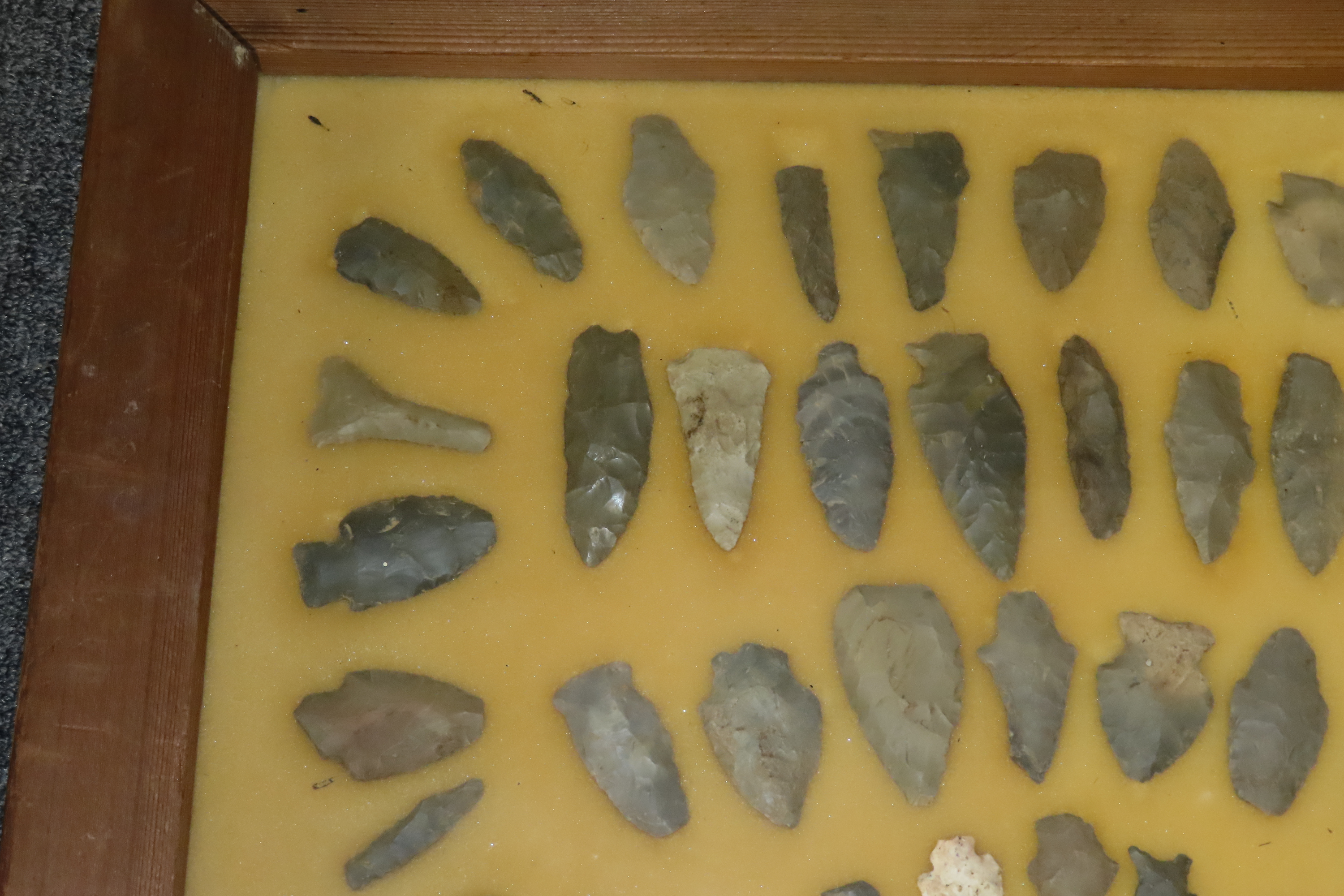 24" x 18" Frame full of Arrowheads found in Wayne & Hardin County Tennessee by Boyd Cole. Indian Artifact Collection, Knife, Blade, Spear.