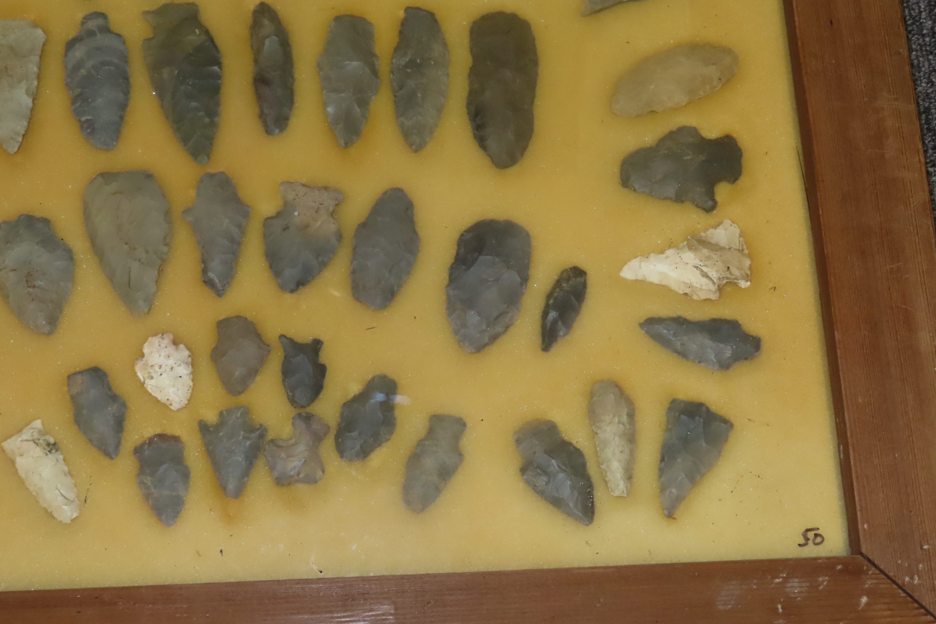 24" x 18" Frame full of Arrowheads found in Wayne & Hardin County Tennessee by Boyd Cole. Indian Artifact Collection, Knife, Blade, Spear.