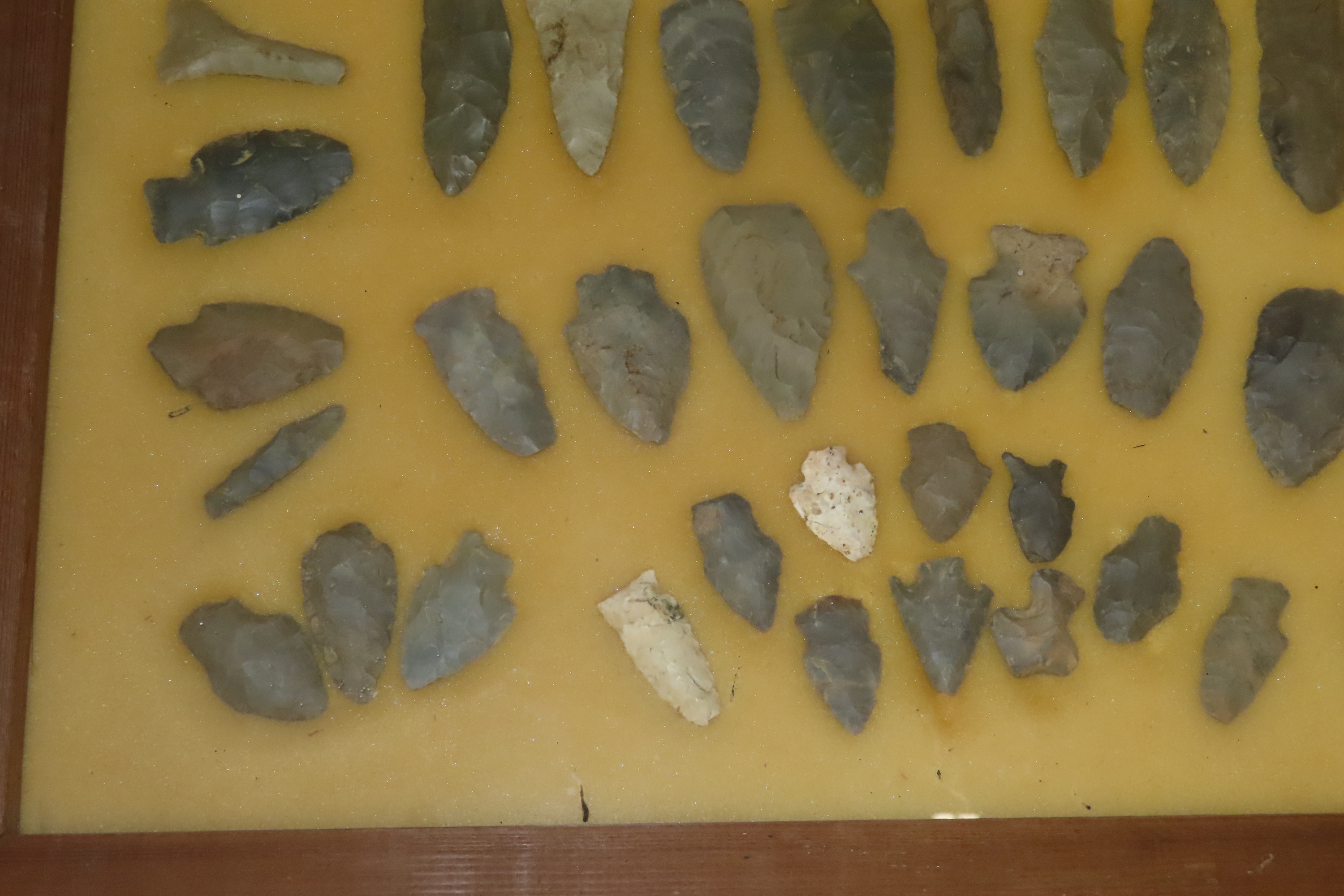 24" x 18" Frame full of Arrowheads found in Wayne & Hardin County Tennessee by Boyd Cole. Indian Artifact Collection, Knife, Blade, Spear.