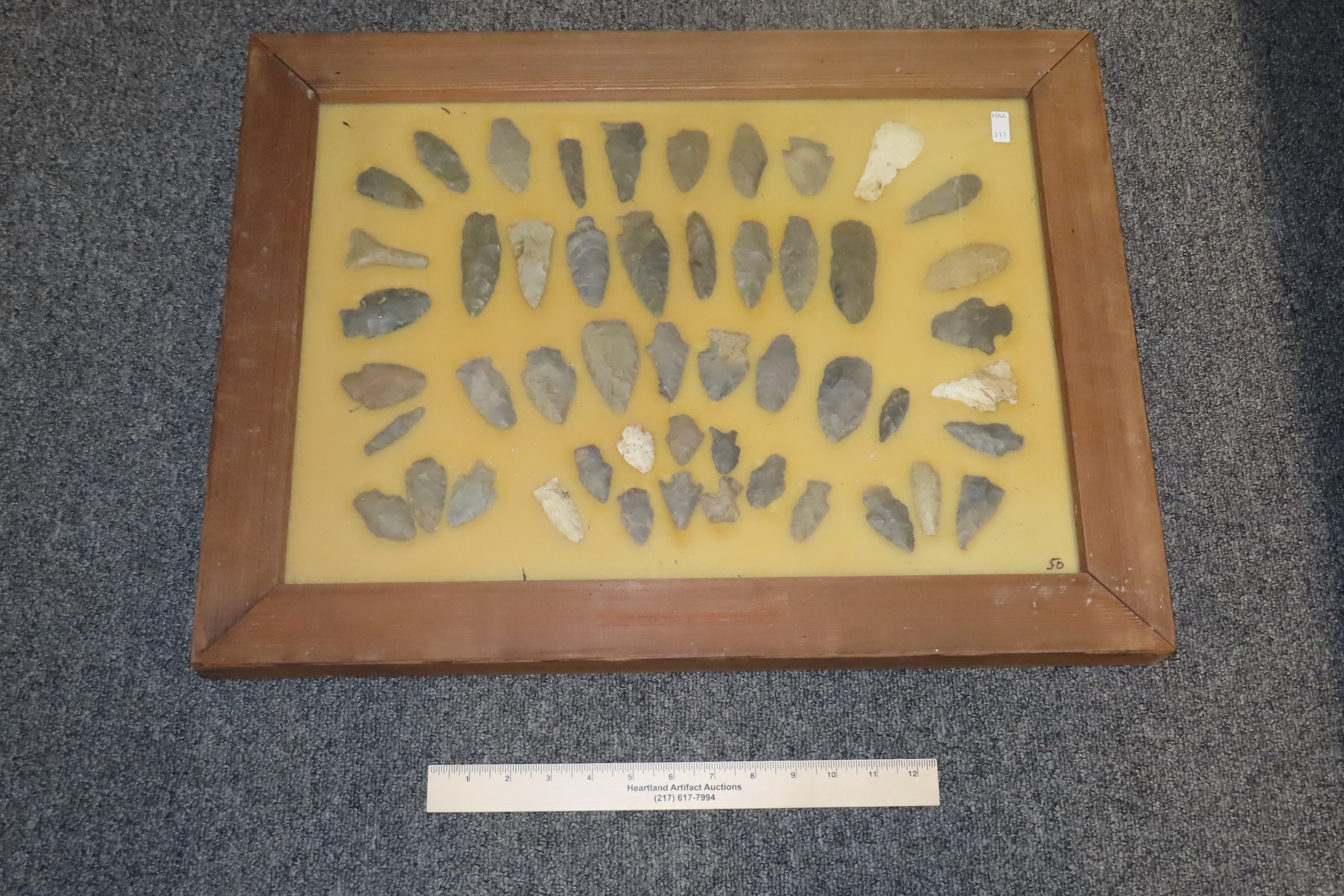 24" x 18" Frame full of Arrowheads found in Wayne & Hardin County Tennessee by Boyd Cole. Indian Artifact Collection, Knife, Blade, Spear.