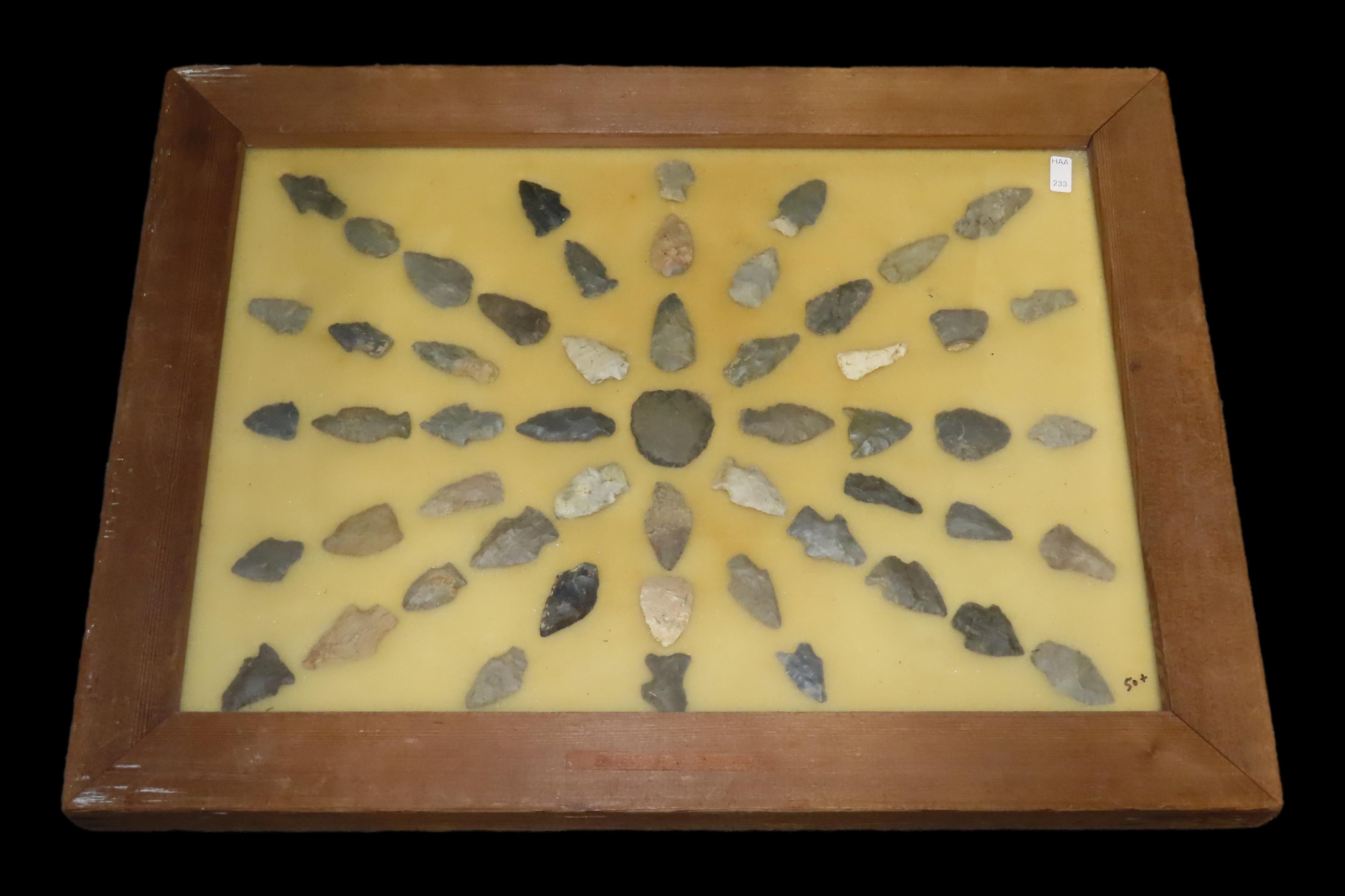24" x 18" Frame full of Arrowheads found in Wayne & Hardin County Tennessee by Boyd Cole. Indian Artifact Collection, Knife, Blade, Spear.