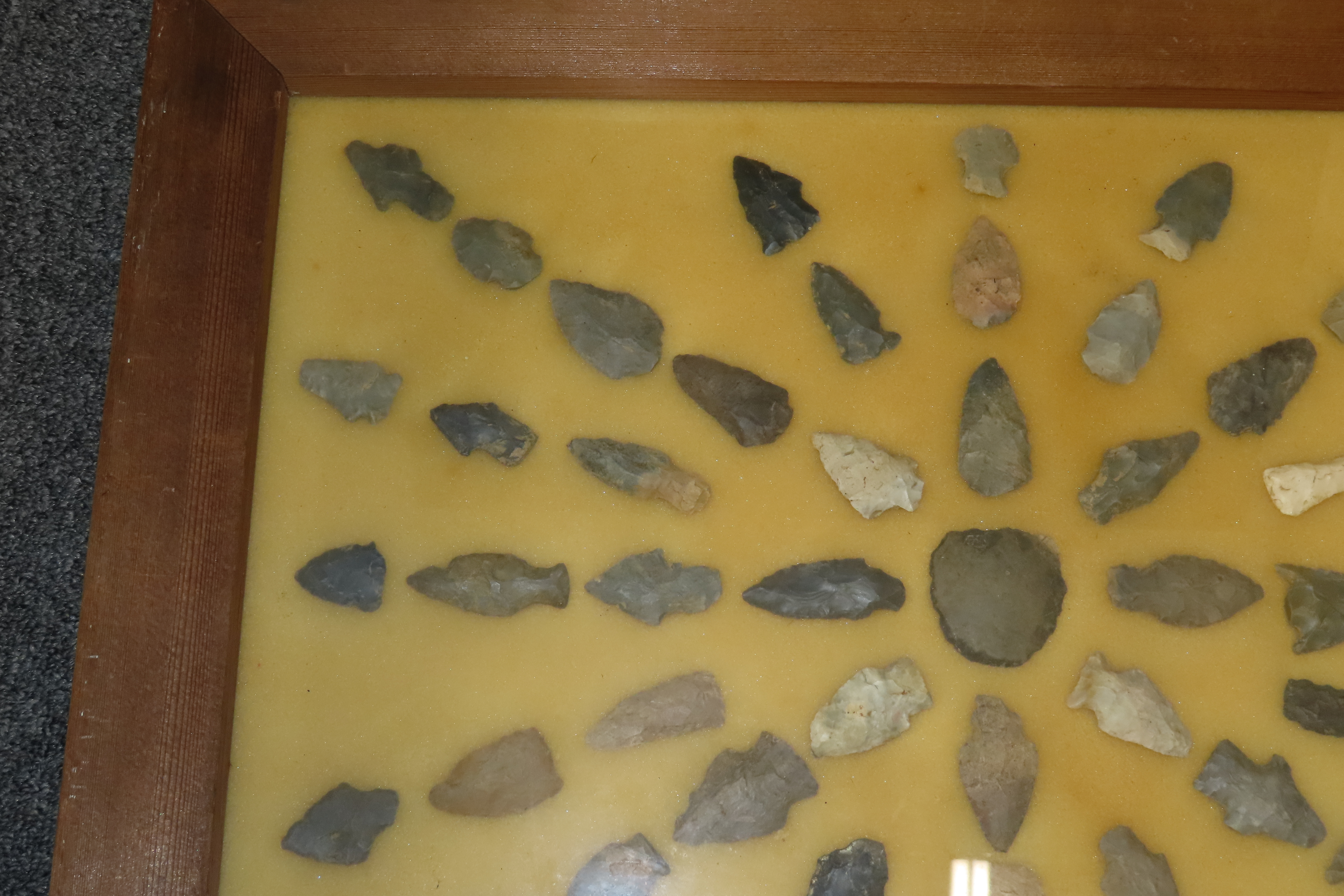 24" x 18" Frame full of Arrowheads found in Wayne & Hardin County Tennessee by Boyd Cole. Indian Artifact Collection, Knife, Blade, Spear.