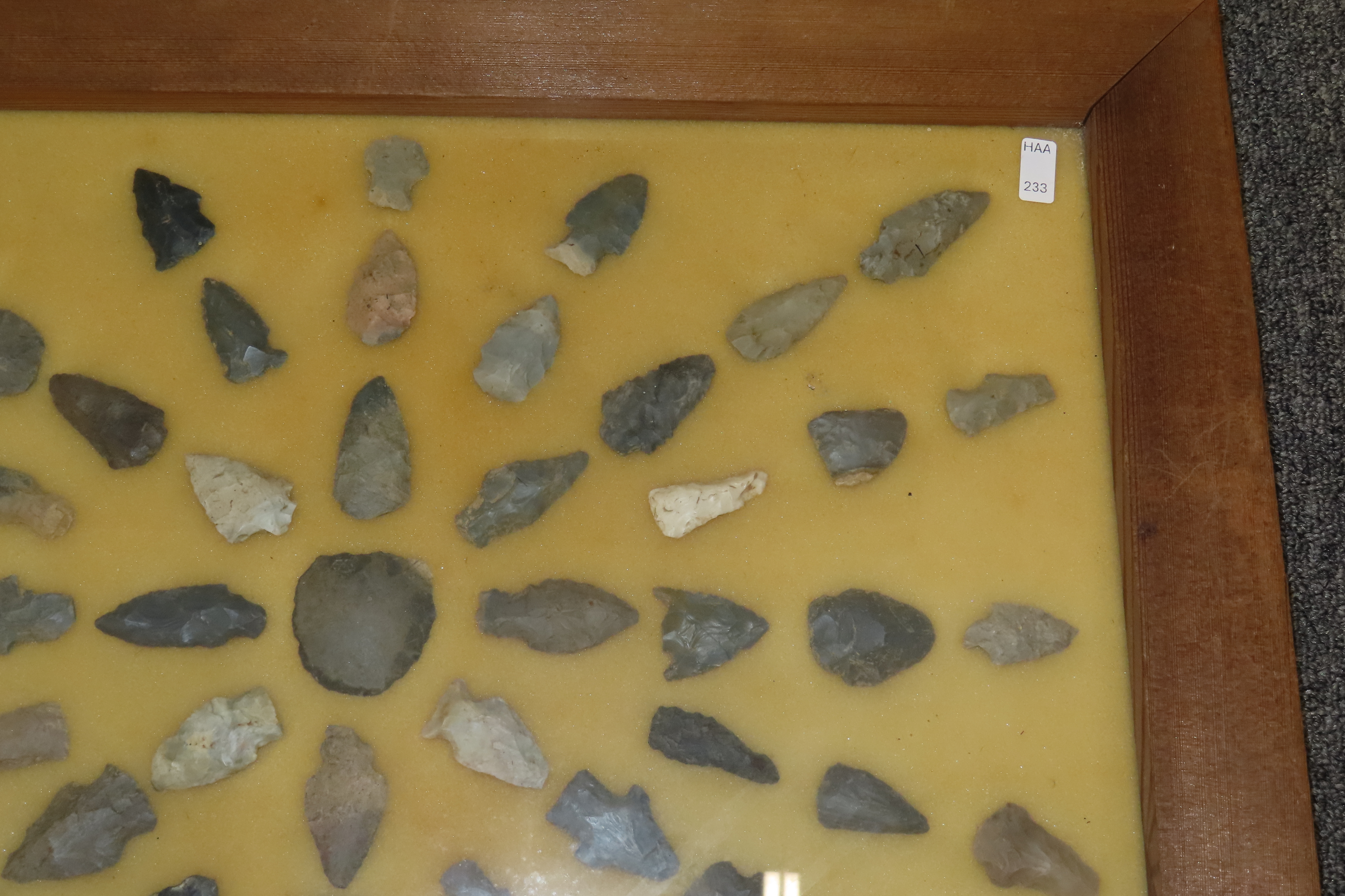 24" x 18" Frame full of Arrowheads found in Wayne & Hardin County Tennessee by Boyd Cole. Indian Artifact Collection, Knife, Blade, Spear.
