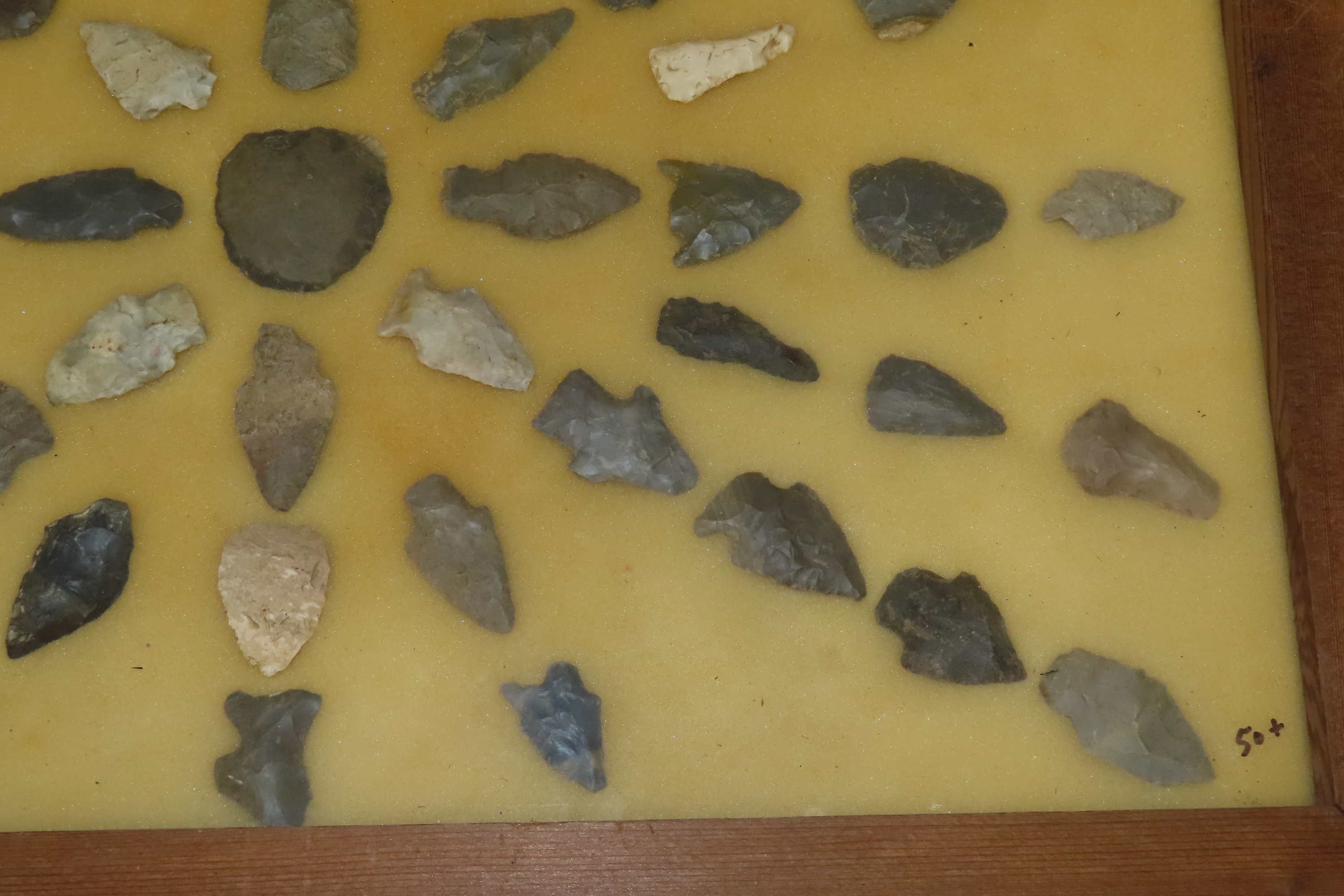 24" x 18" Frame full of Arrowheads found in Wayne & Hardin County Tennessee by Boyd Cole. Indian Artifact Collection, Knife, Blade, Spear.