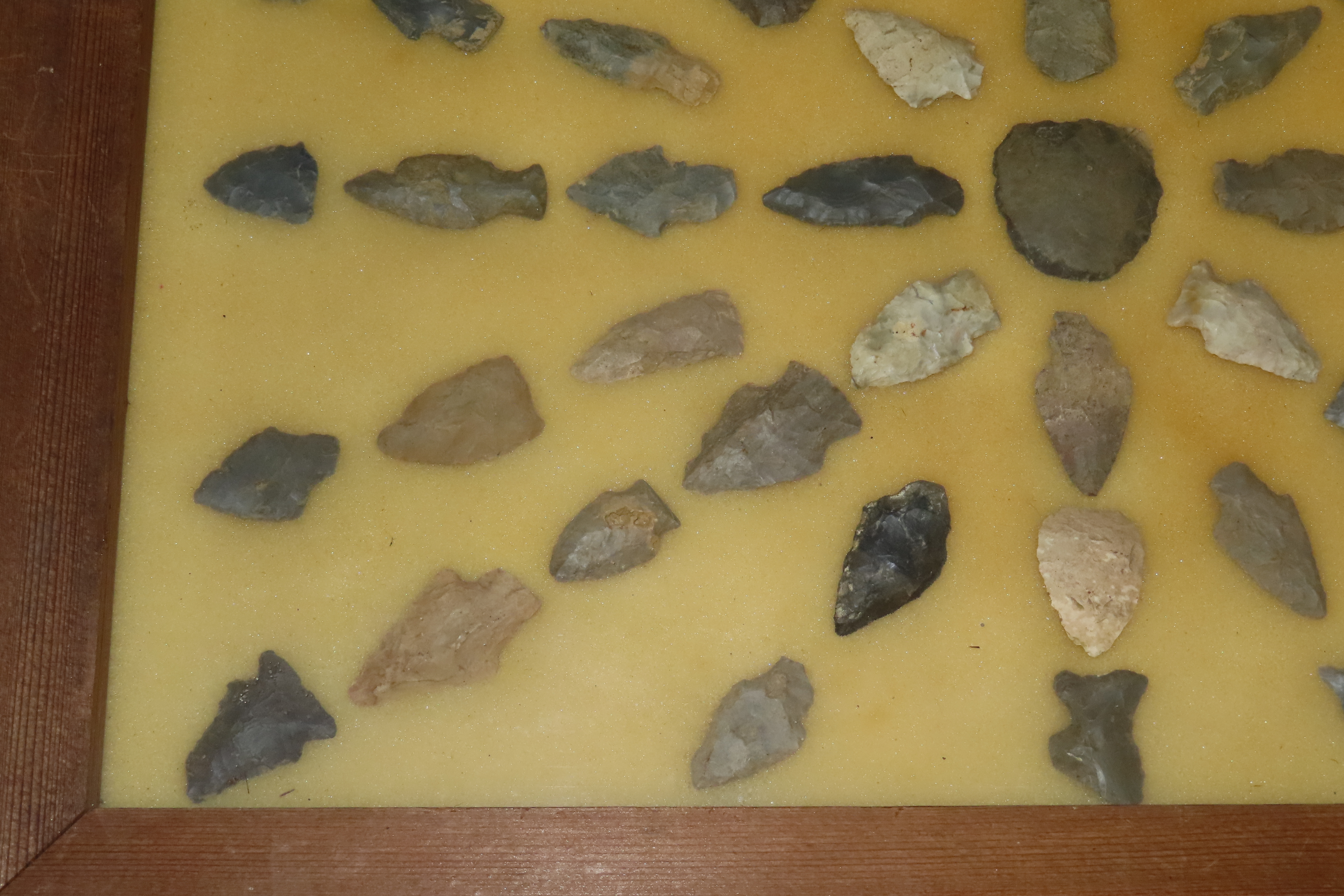 24" x 18" Frame full of Arrowheads found in Wayne & Hardin County Tennessee by Boyd Cole. Indian Artifact Collection, Knife, Blade, Spear.