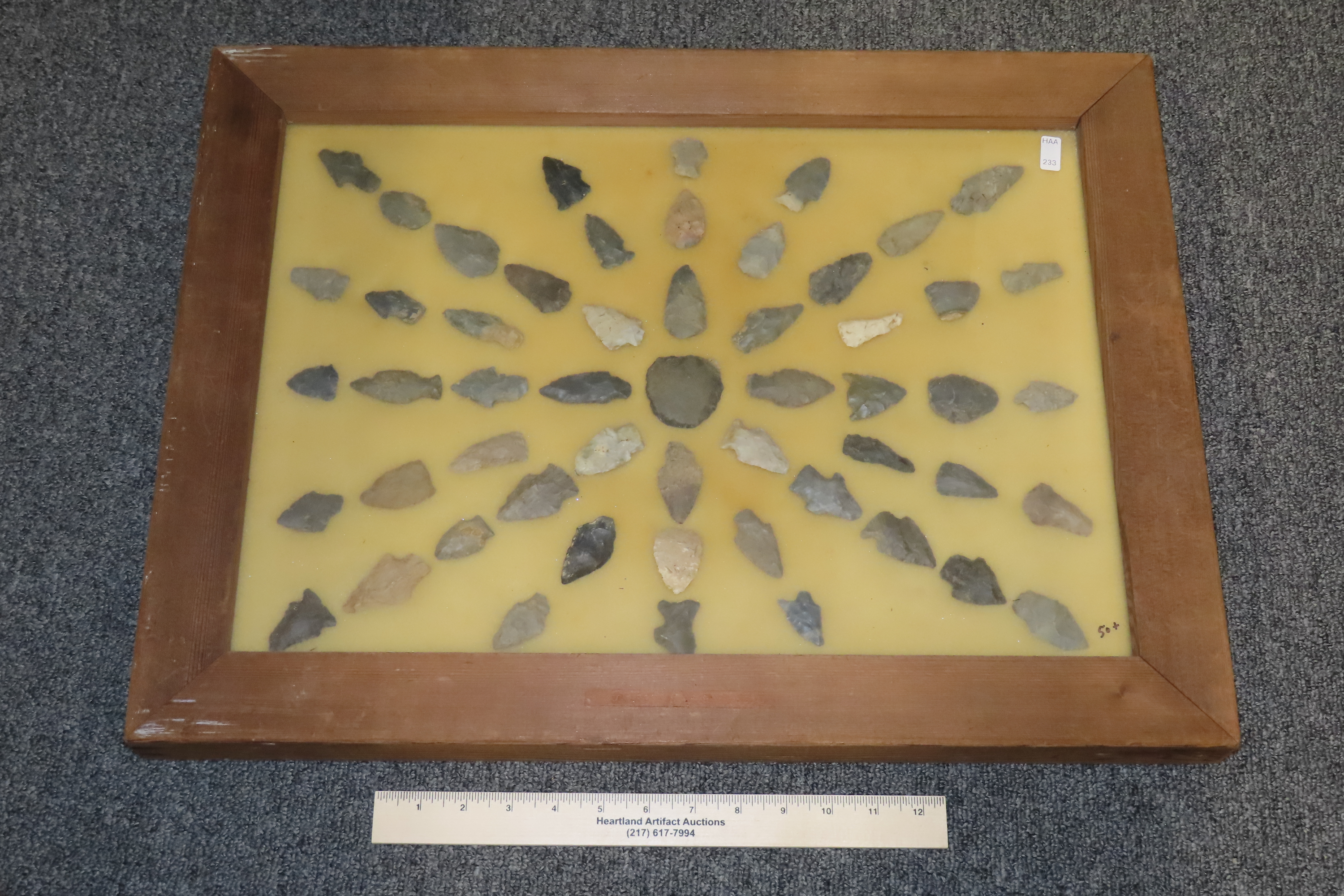 24" x 18" Frame full of Arrowheads found in Wayne & Hardin County Tennessee by Boyd Cole. Indian Artifact Collection, Knife, Blade, Spear.