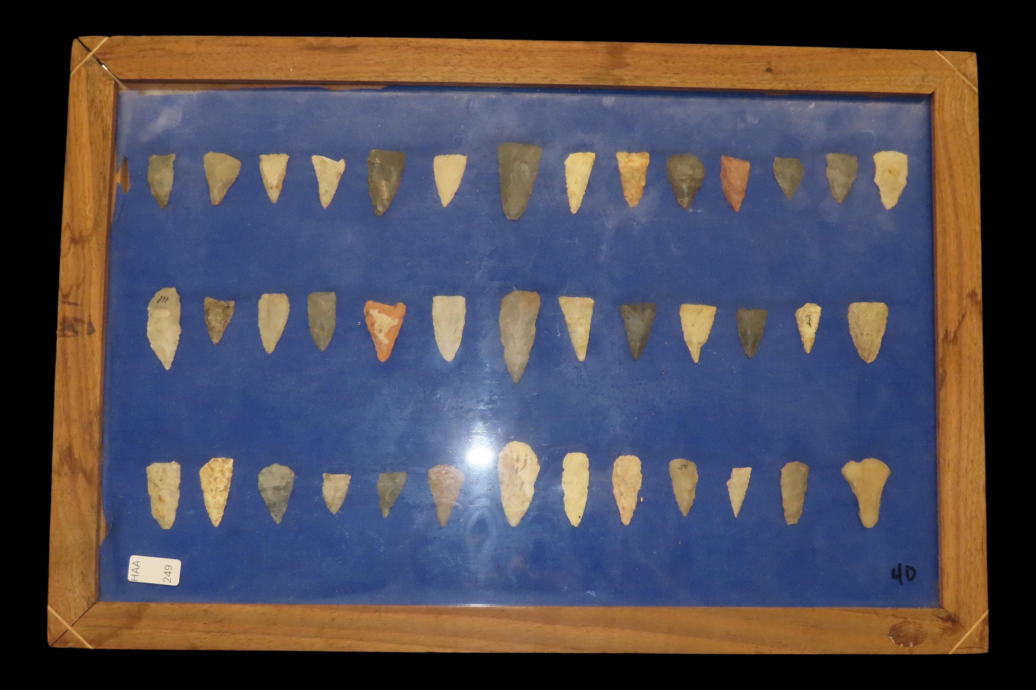 18" x 12" Frame full of Arrowheads found in Wayne & Hardin County Tennessee by Boyd Cole. Indian Artifact Collection, Knife, Blade, Spear.