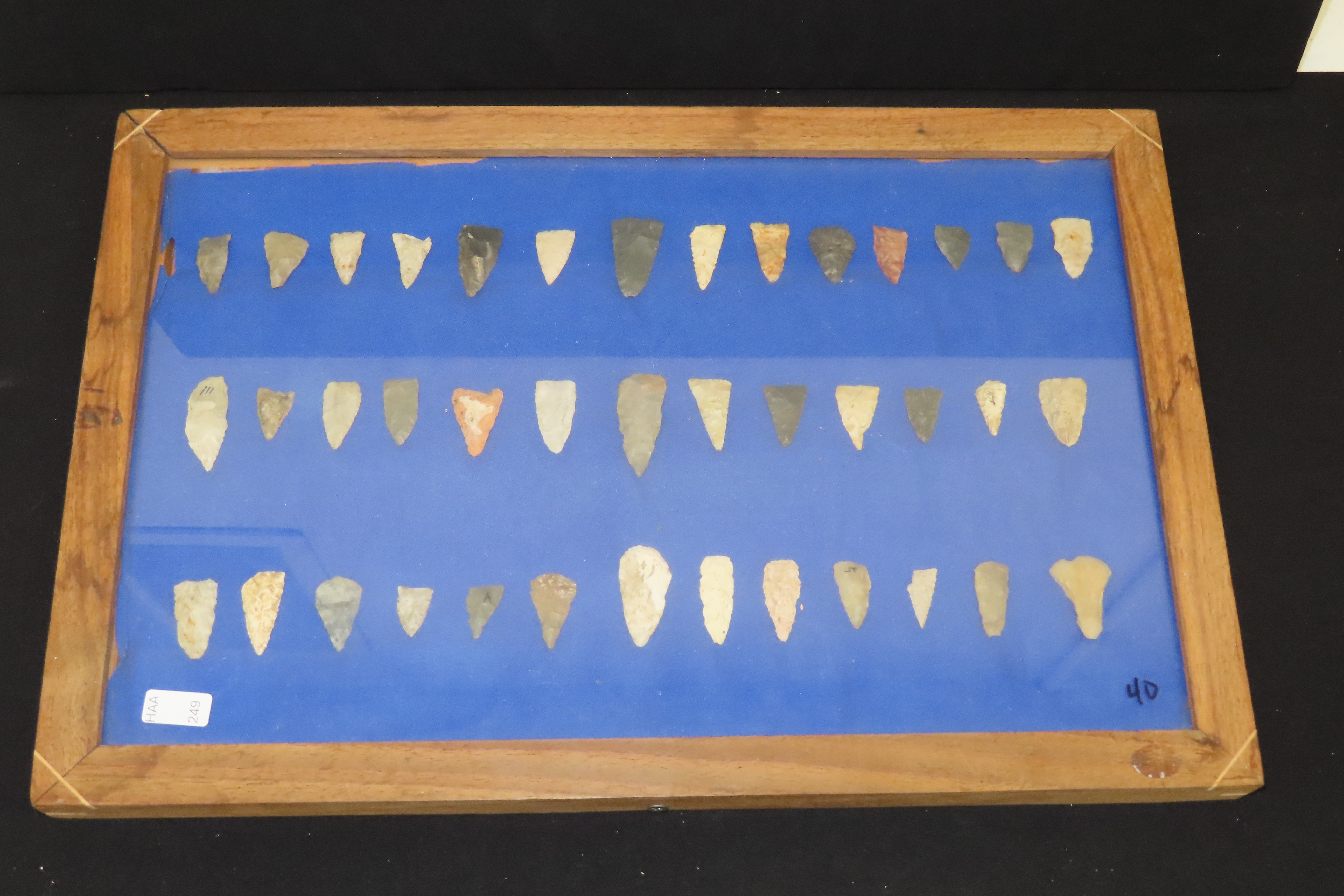 18" x 12" Frame full of Arrowheads found in Wayne & Hardin County Tennessee by Boyd Cole. Indian Artifact Collection, Knife, Blade, Spear.