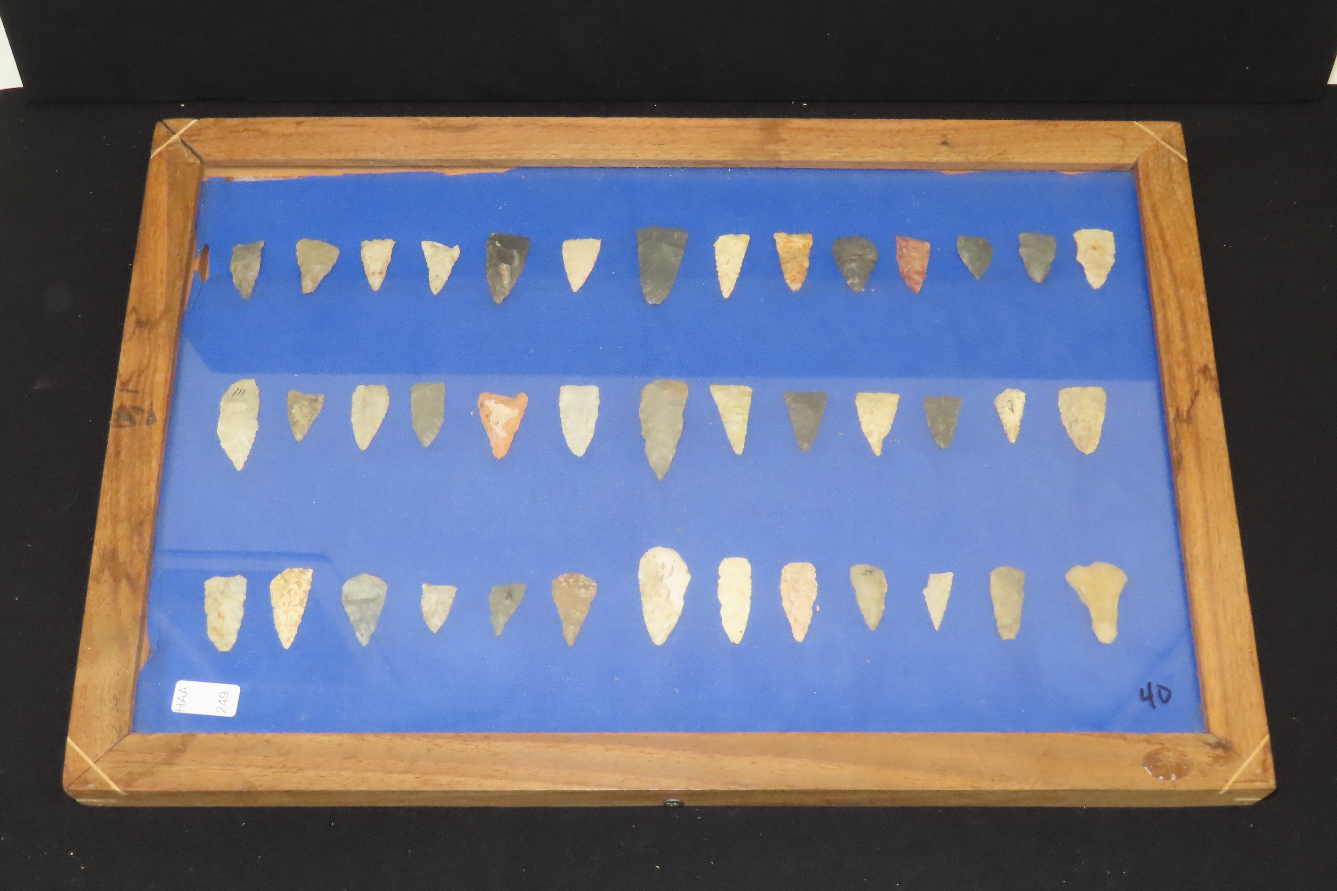 18" x 12" Frame full of Arrowheads found in Wayne & Hardin County Tennessee by Boyd Cole. Indian Artifact Collection, Knife, Blade, Spear.