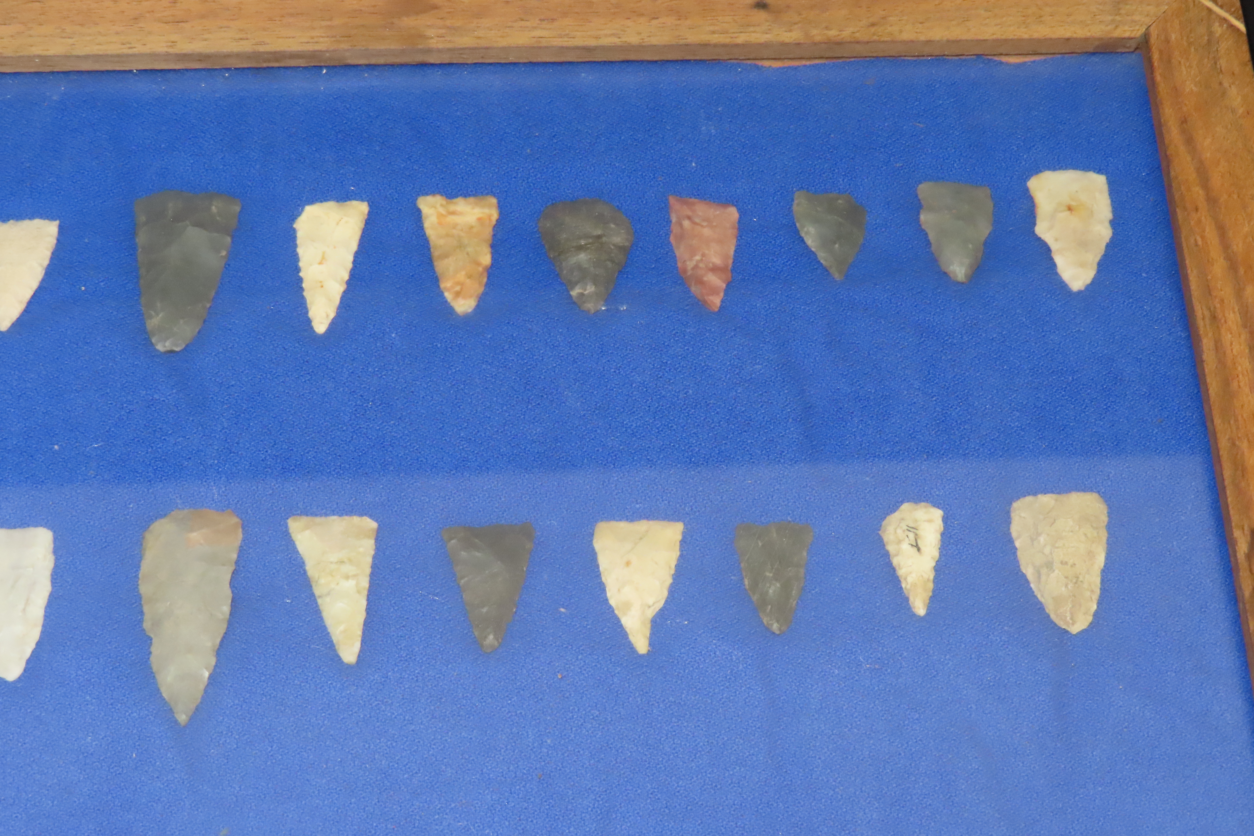 18" x 12" Frame full of Arrowheads found in Wayne & Hardin County Tennessee by Boyd Cole. Indian Artifact Collection, Knife, Blade, Spear.