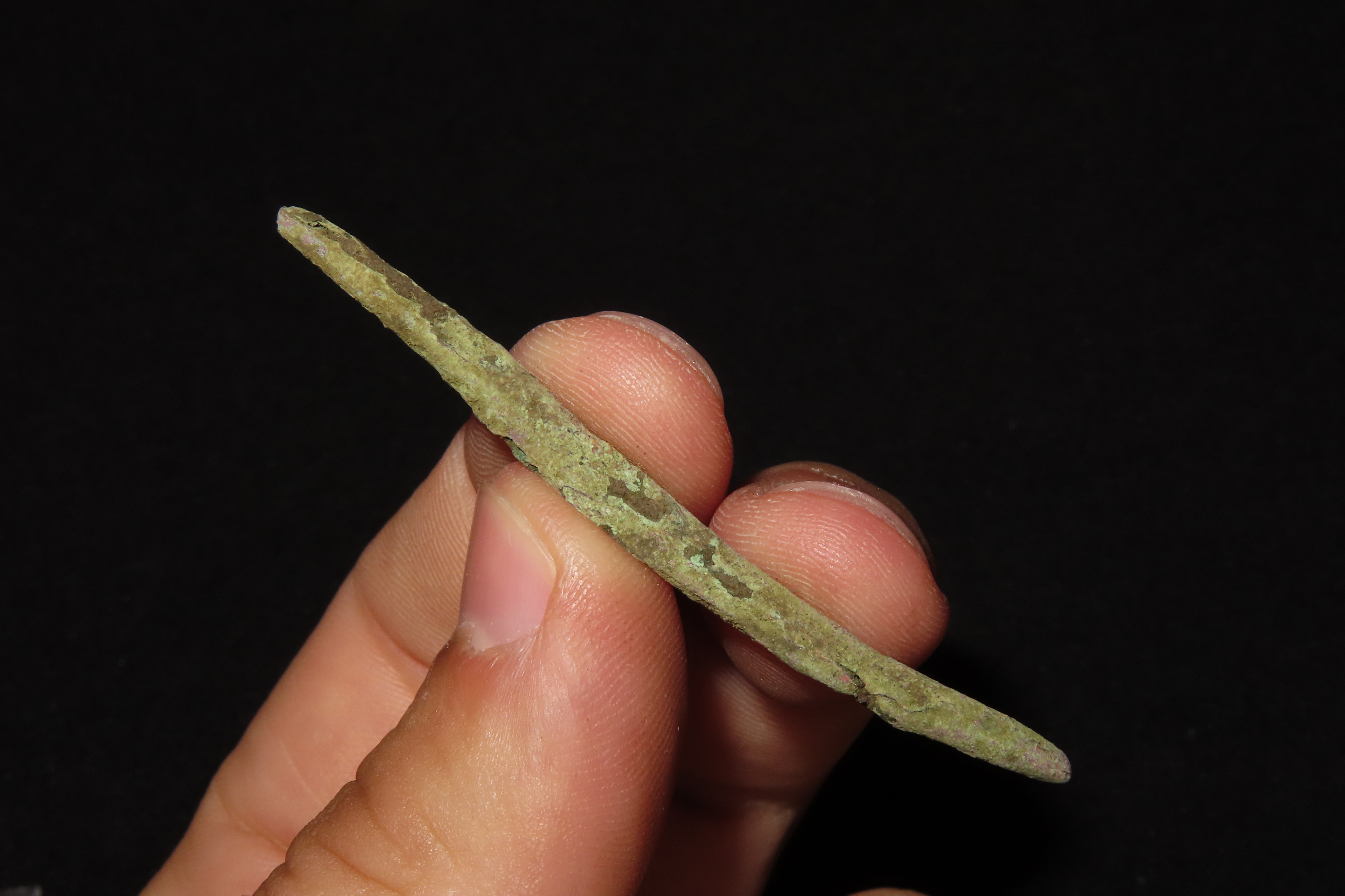 2 7/16" OCC Copper Awl / Pin found in Michigan. Squared sides and heavy patination.
