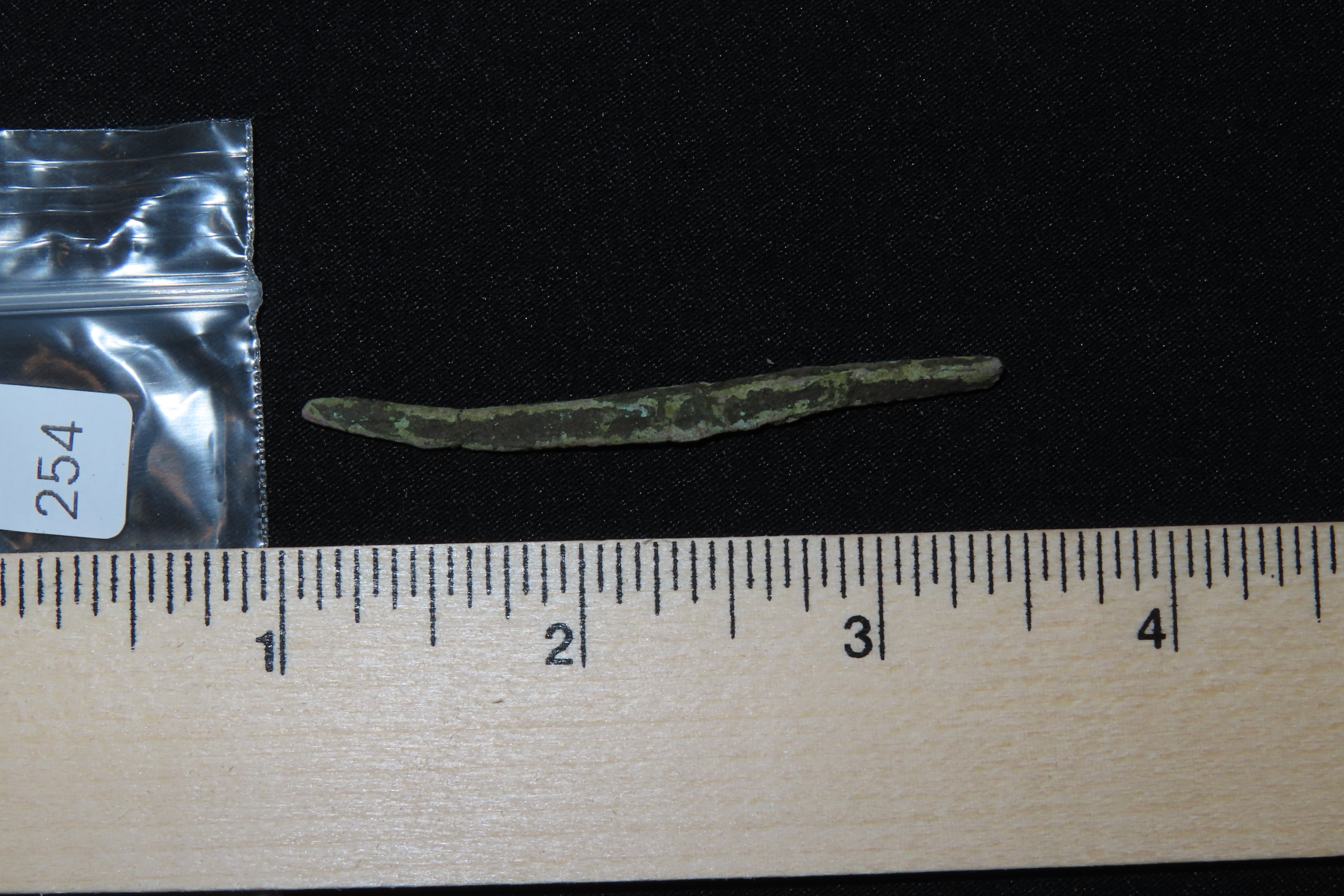 2 7/16" OCC Copper Awl / Pin found in Michigan. Squared sides and heavy patination.