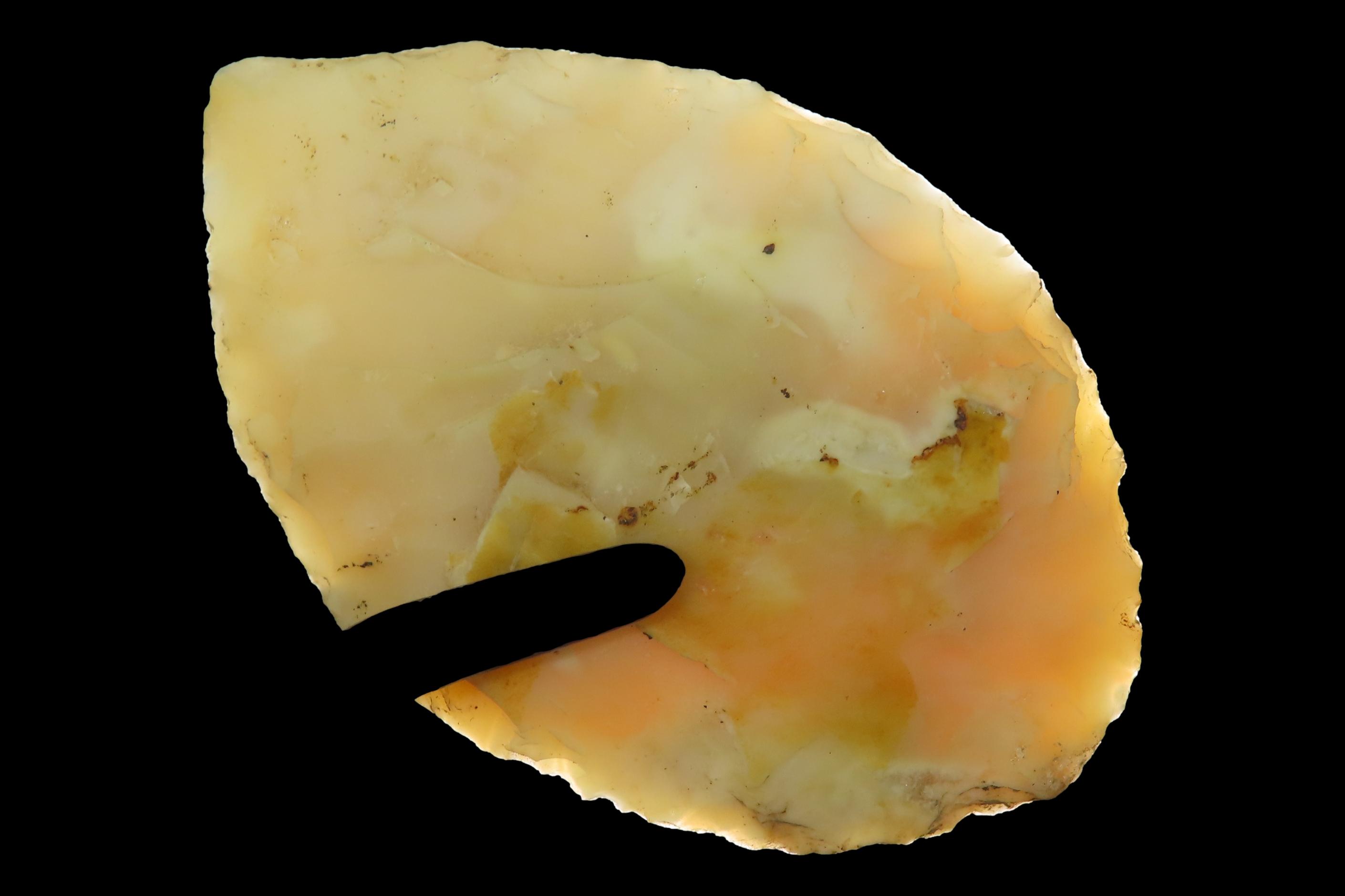 Colorful Translucent 2 7/16" Flint Ridge Ovoid Knife Blade found in Scioto County Ohio.