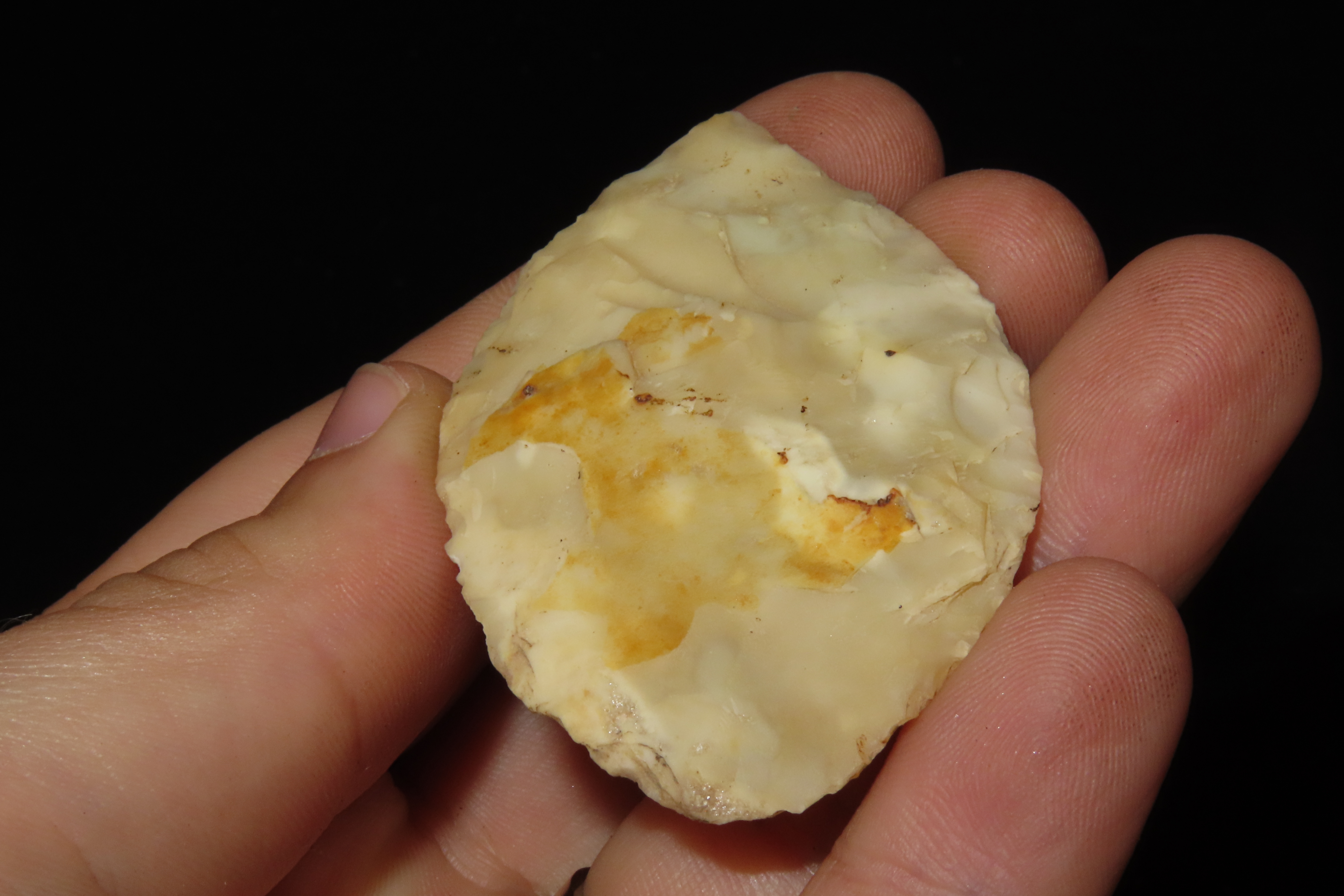 Colorful Translucent 2 7/16" Flint Ridge Ovoid Knife Blade found in Scioto County Ohio.