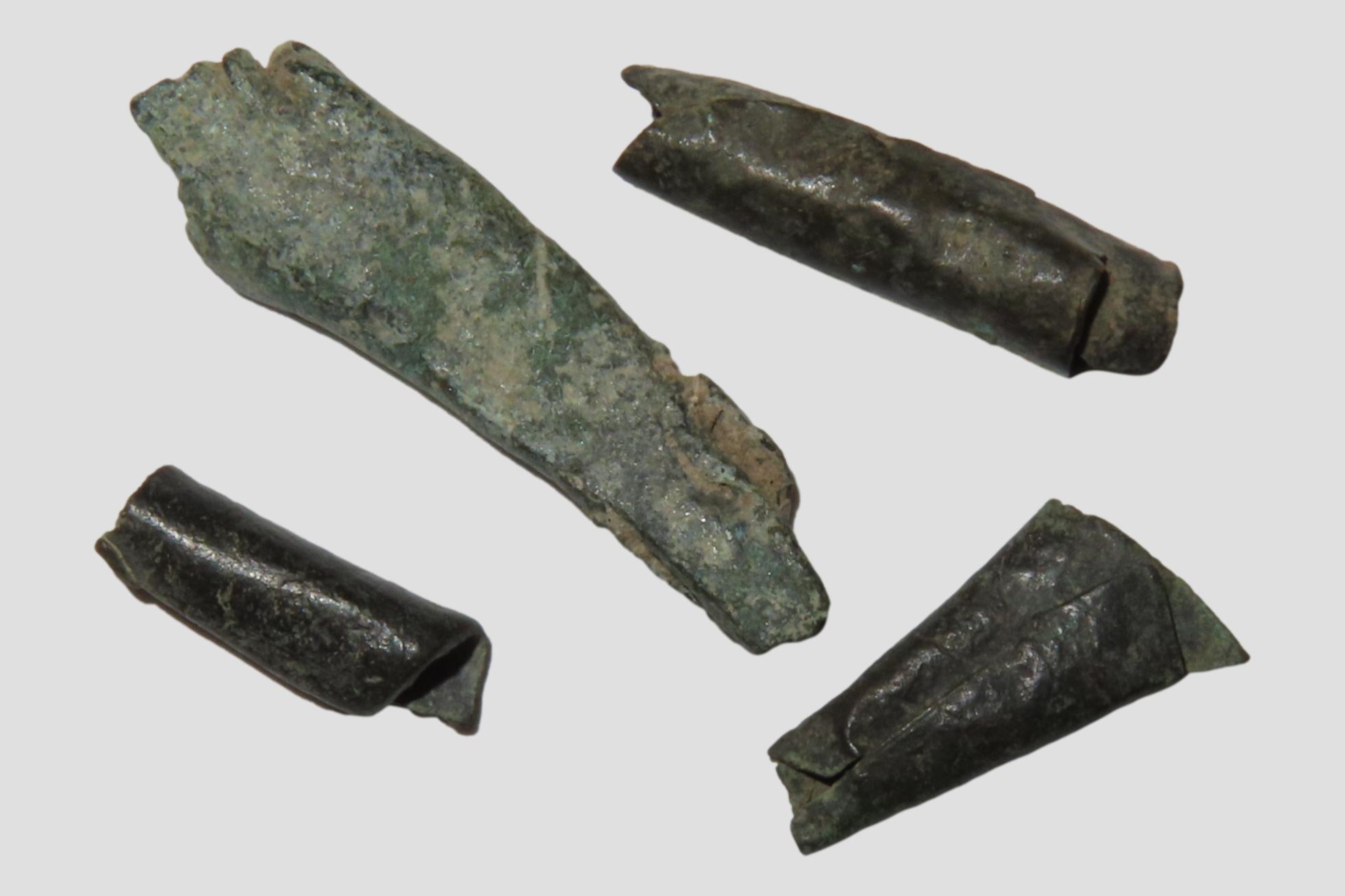 Set of 4 Copper Beads found in Southern Illinois. 3 Tube beads and one Conical Tinkler Bead.