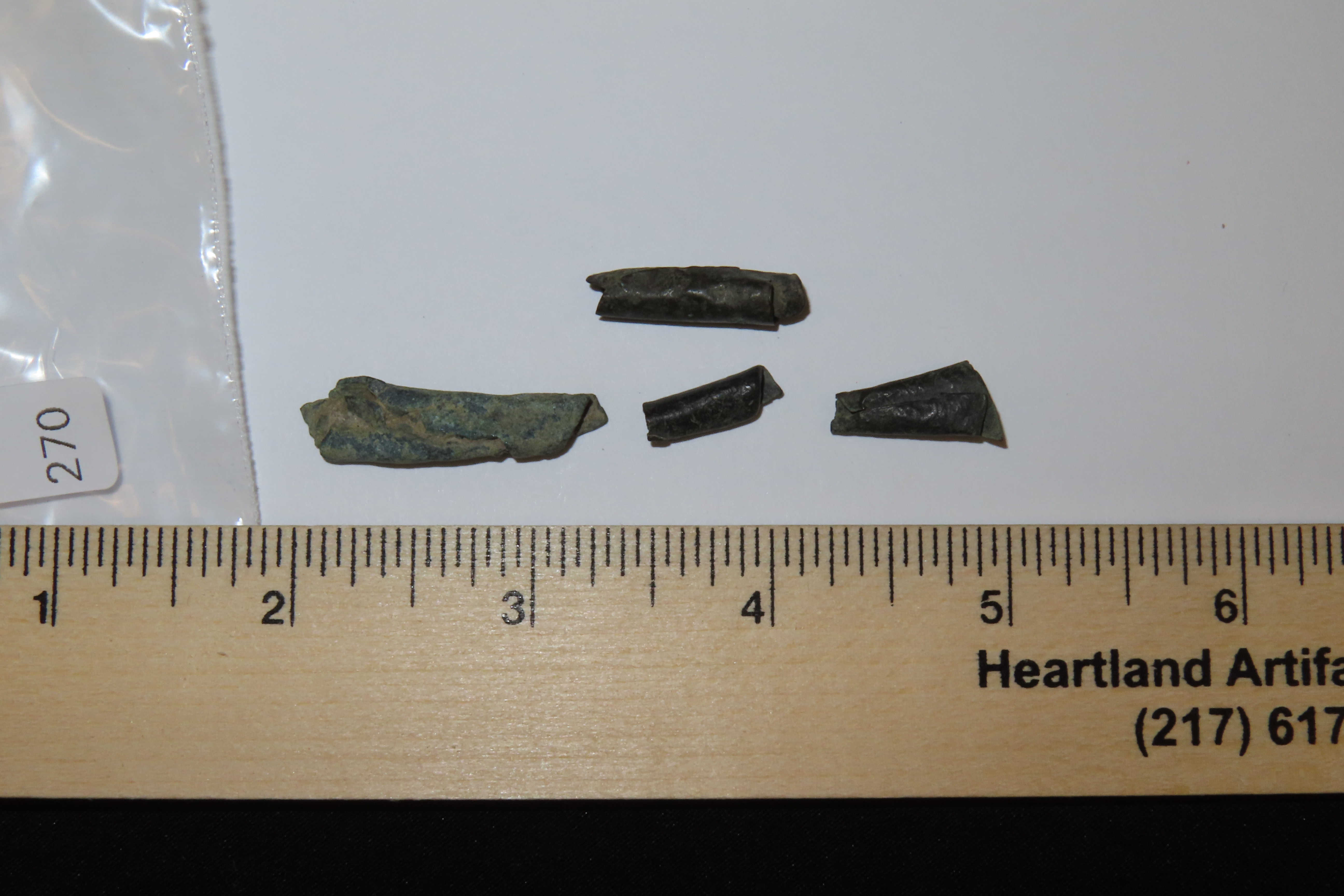 Set of 4 Copper Beads found in Southern Illinois. 3 Tube beads and one Conical Tinkler Bead.